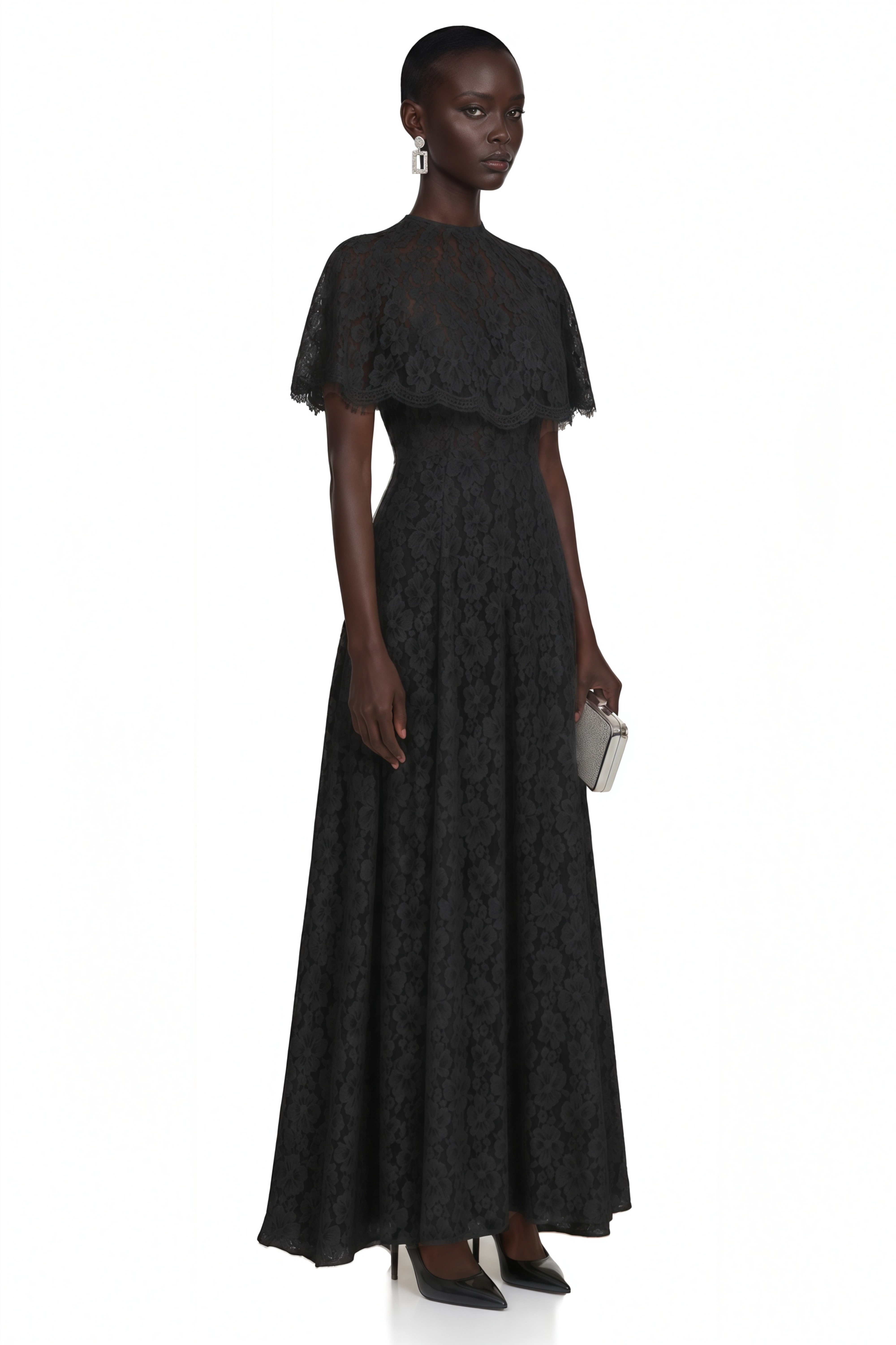 Hikawera Black Lace Maxi Dress with Cape