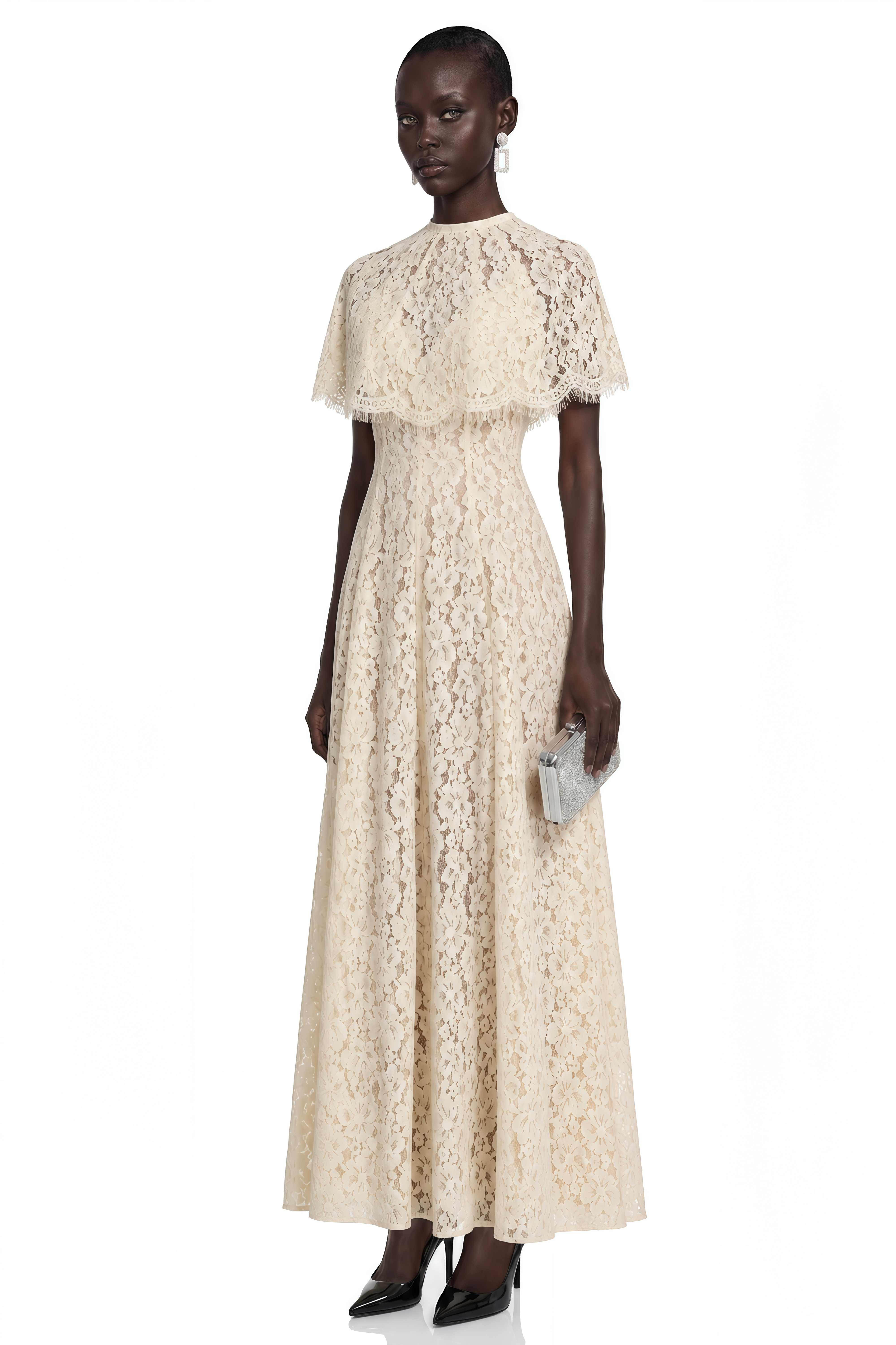 Cream lace high-neck maxi dress with a matching scalloped capelet overlay