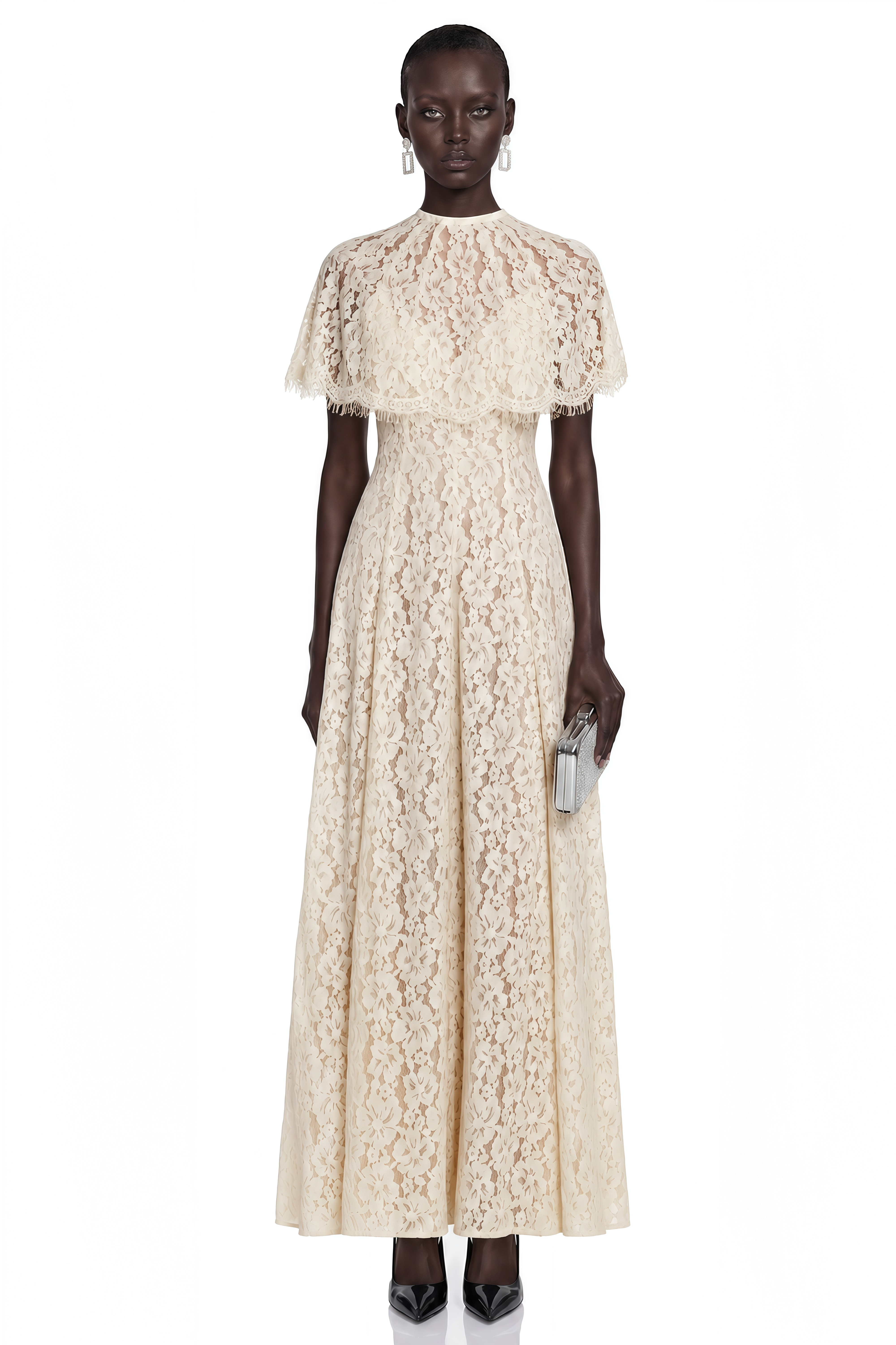 Cream lace high-neck maxi dress with a matching scalloped capelet overlay