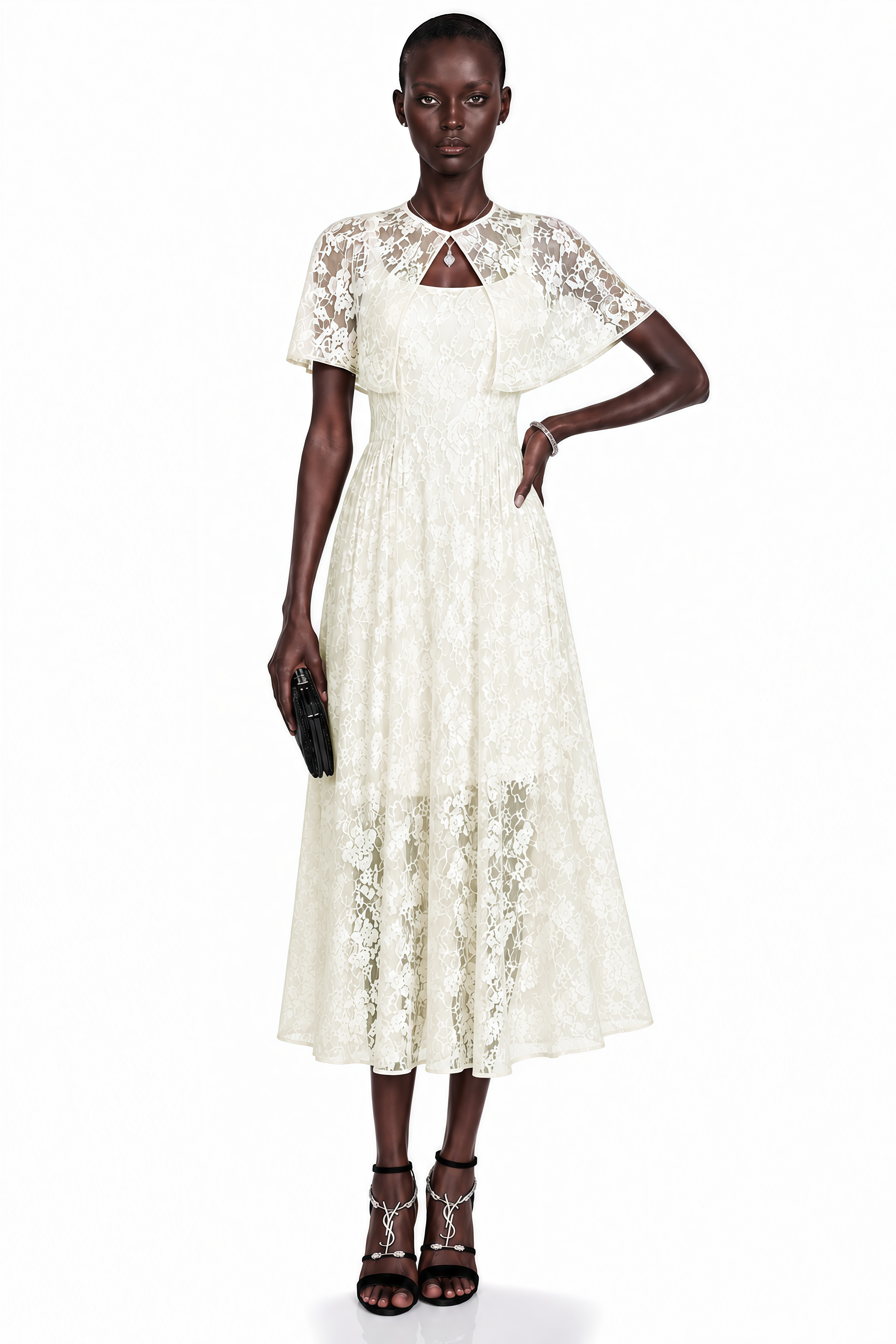 White lace midi dress with a fitted waist, cutout neckline, and short flutter cape sleeves