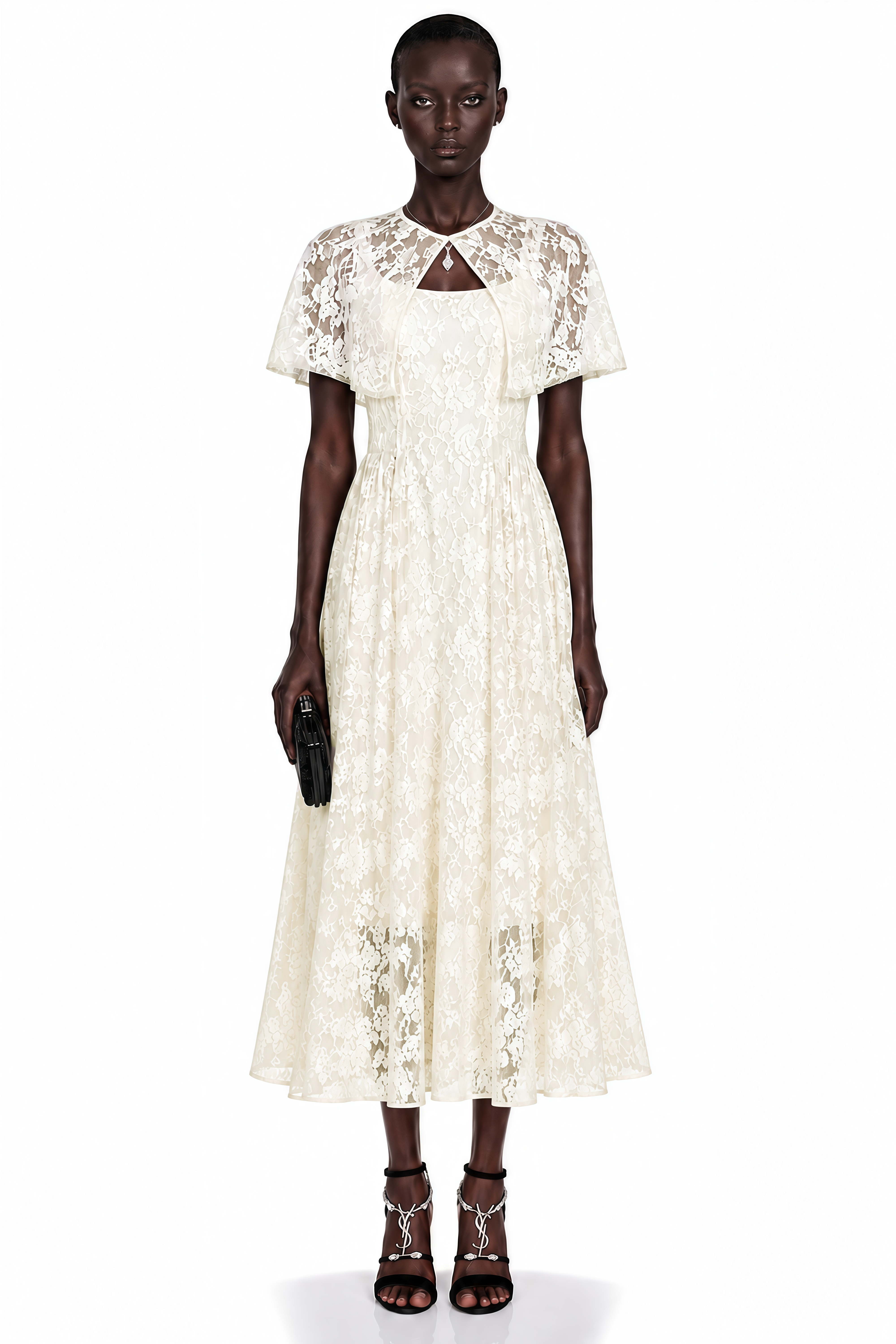 White lace midi dress with a fitted waist, cutout neckline, and short flutter cape sleeves