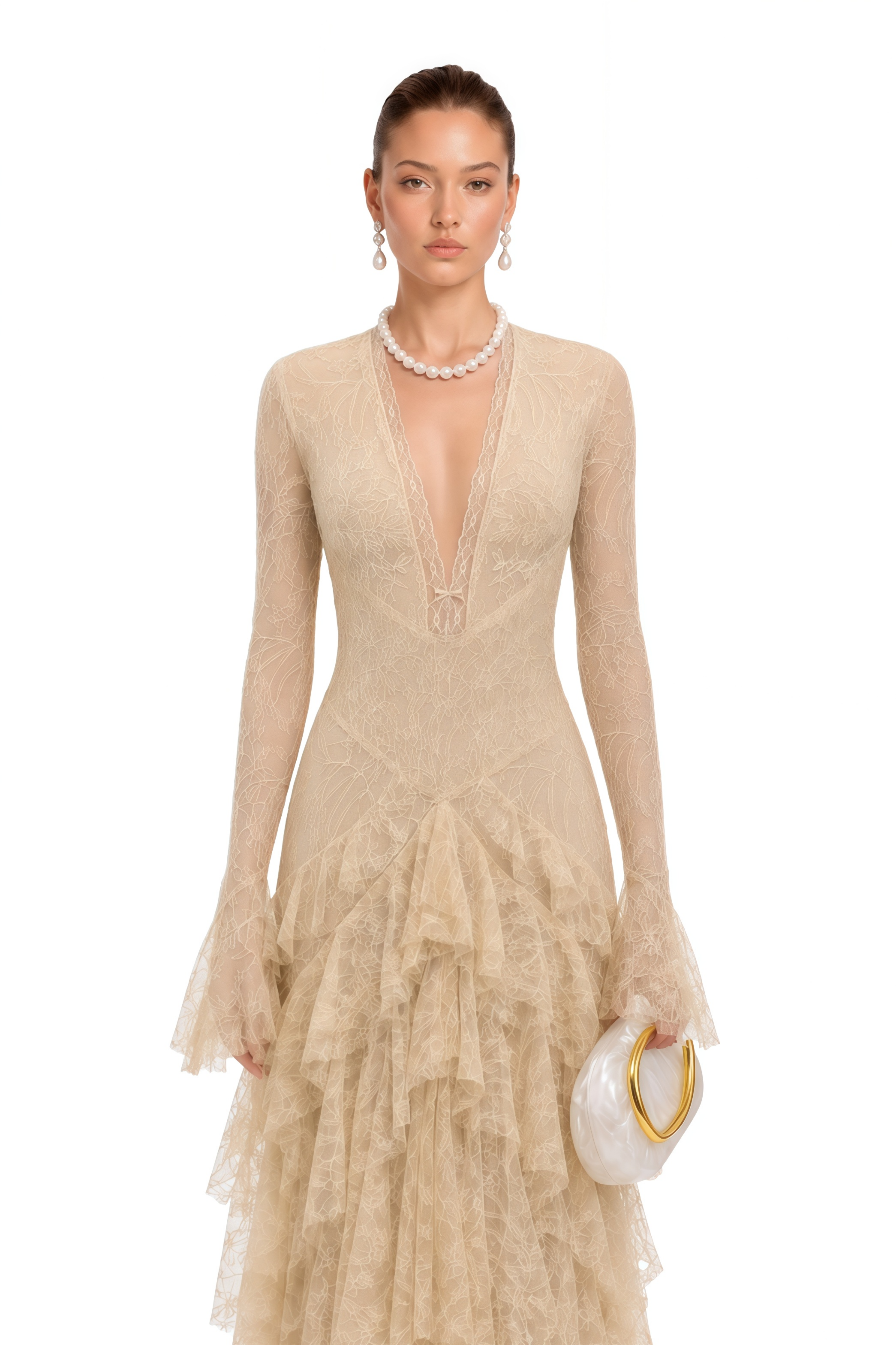 Beige lace gown with a tiered ruffled skirt