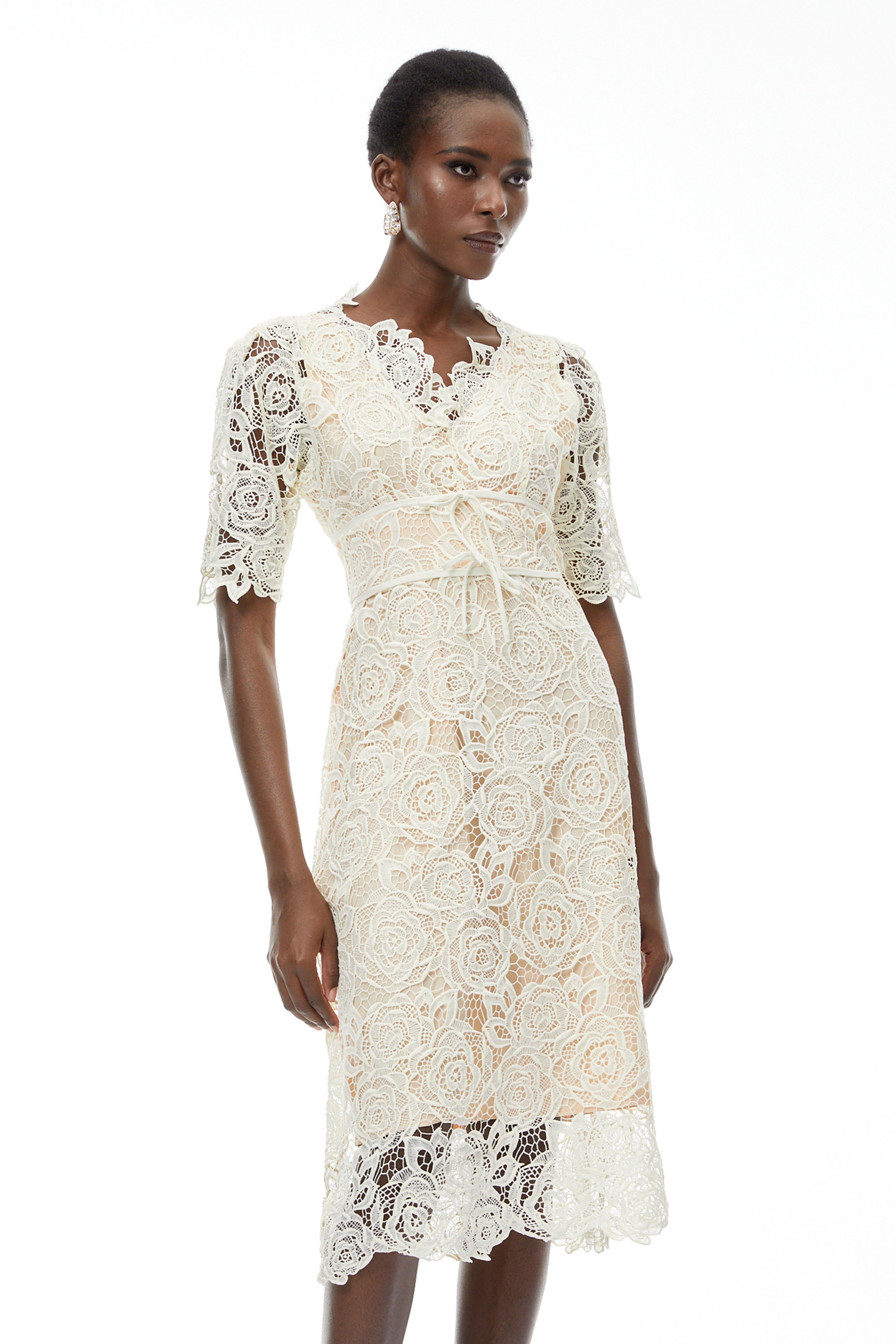 Hypatia Neutral Lace Embroidered Midi Dress (Final Sale-US Only)