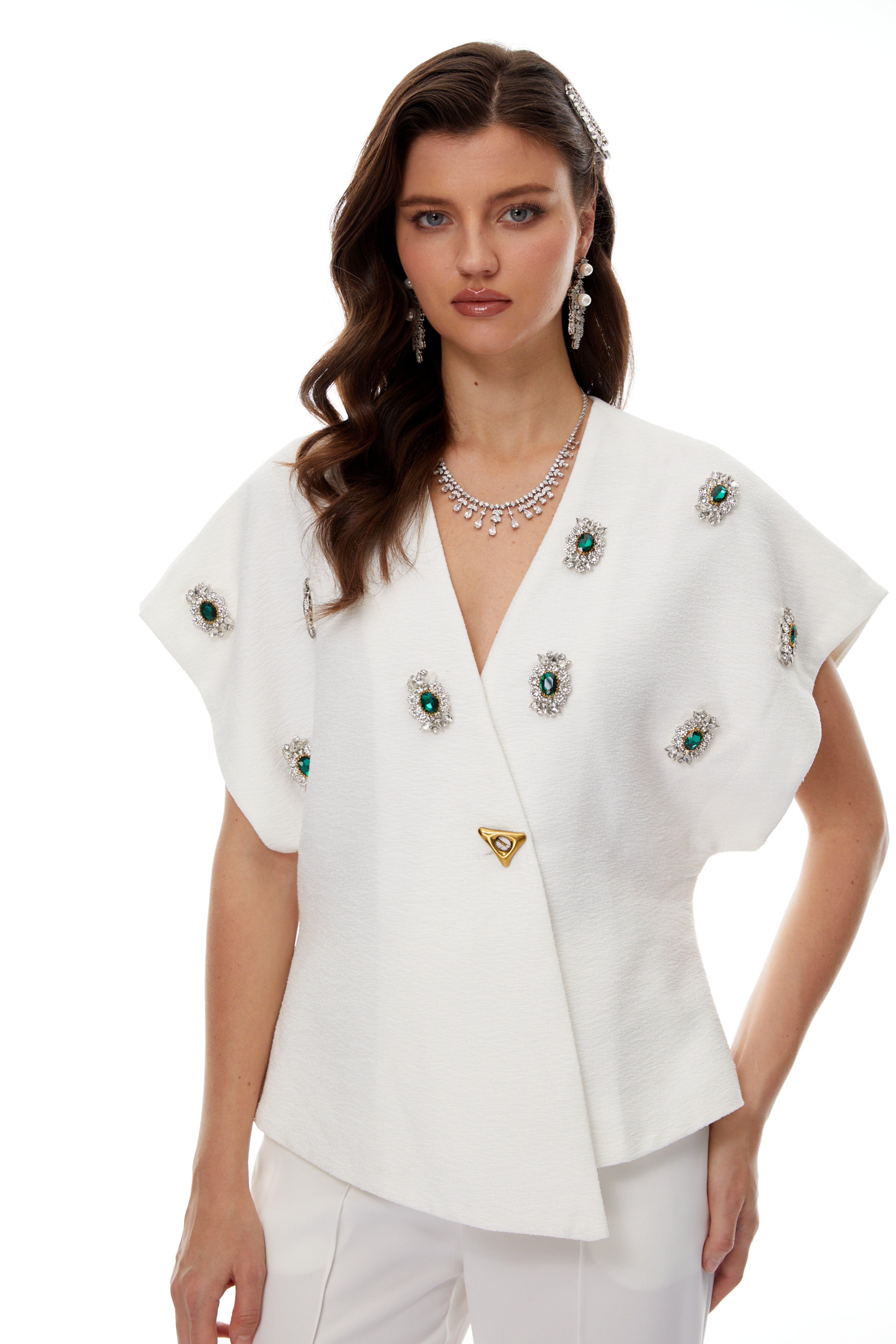 Ida White Crystal Embellished Asymmetrical Waistcoat (Final Sale)