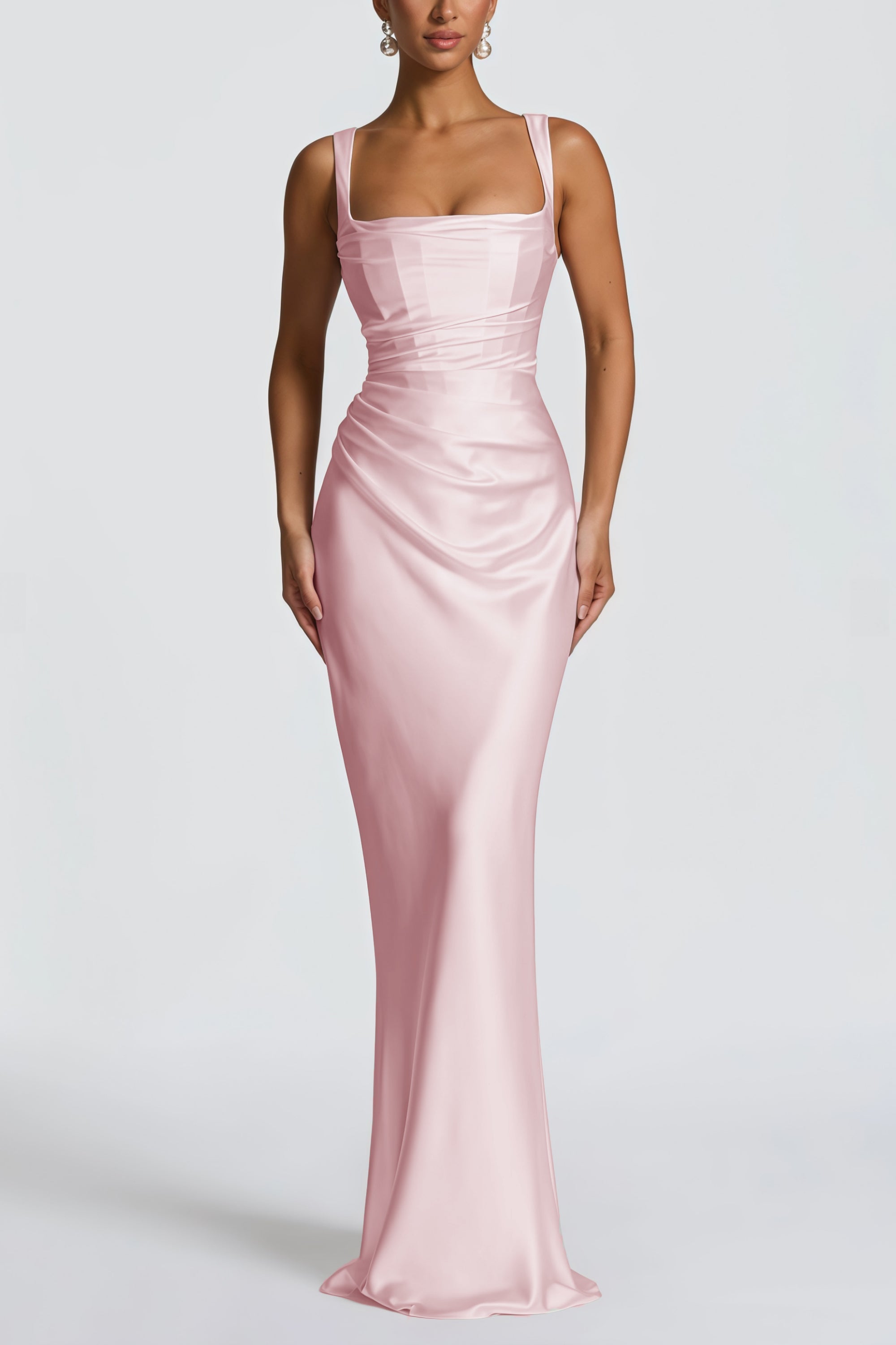 Inmaculada Pink Ruched Satin Maxi Dress (Without Gloves) (Final Sale-US Only)