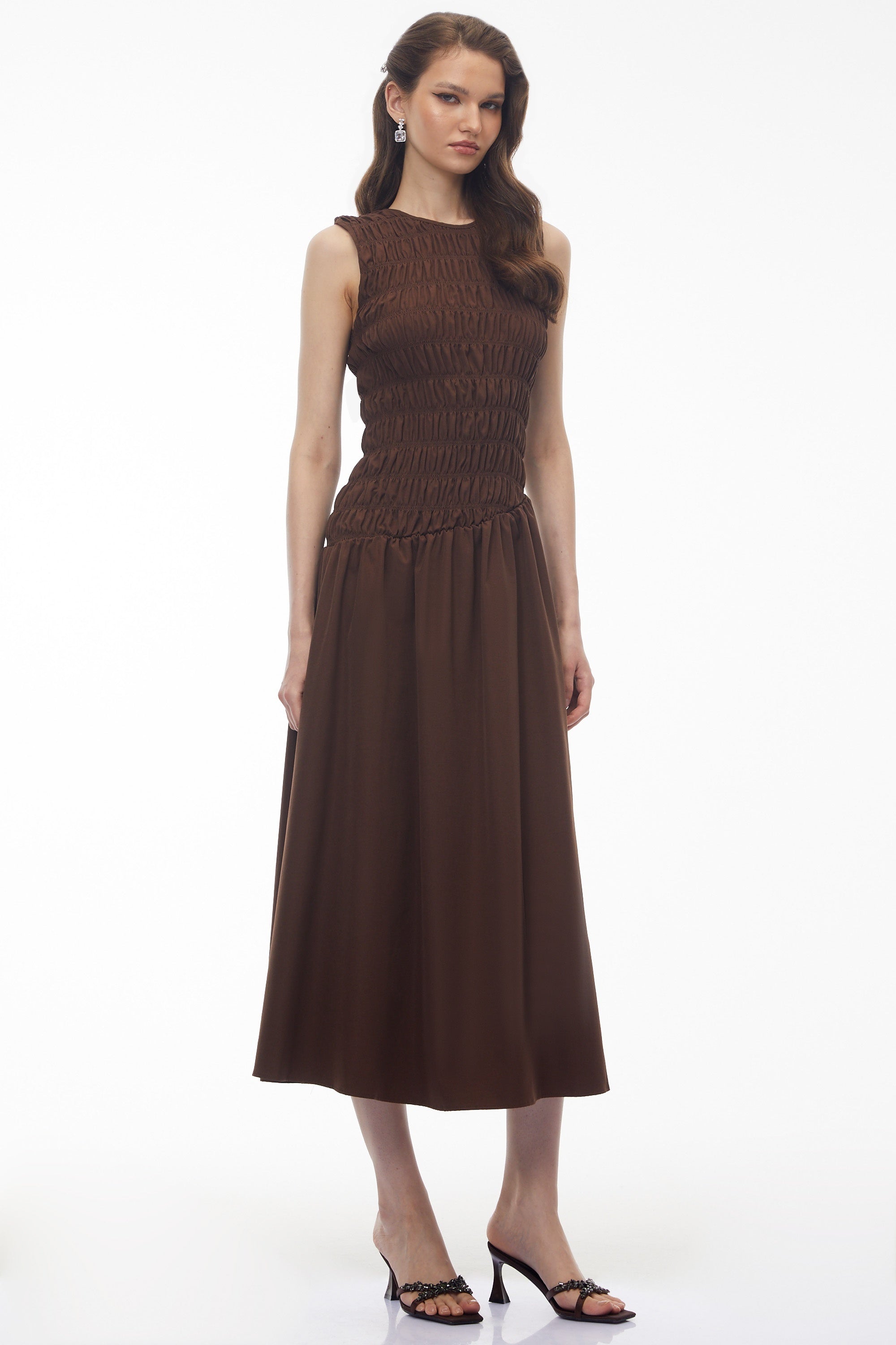 Iolanthe Chocolate Brown Asymmetrical Ruched Midi Dress (Final Sale)