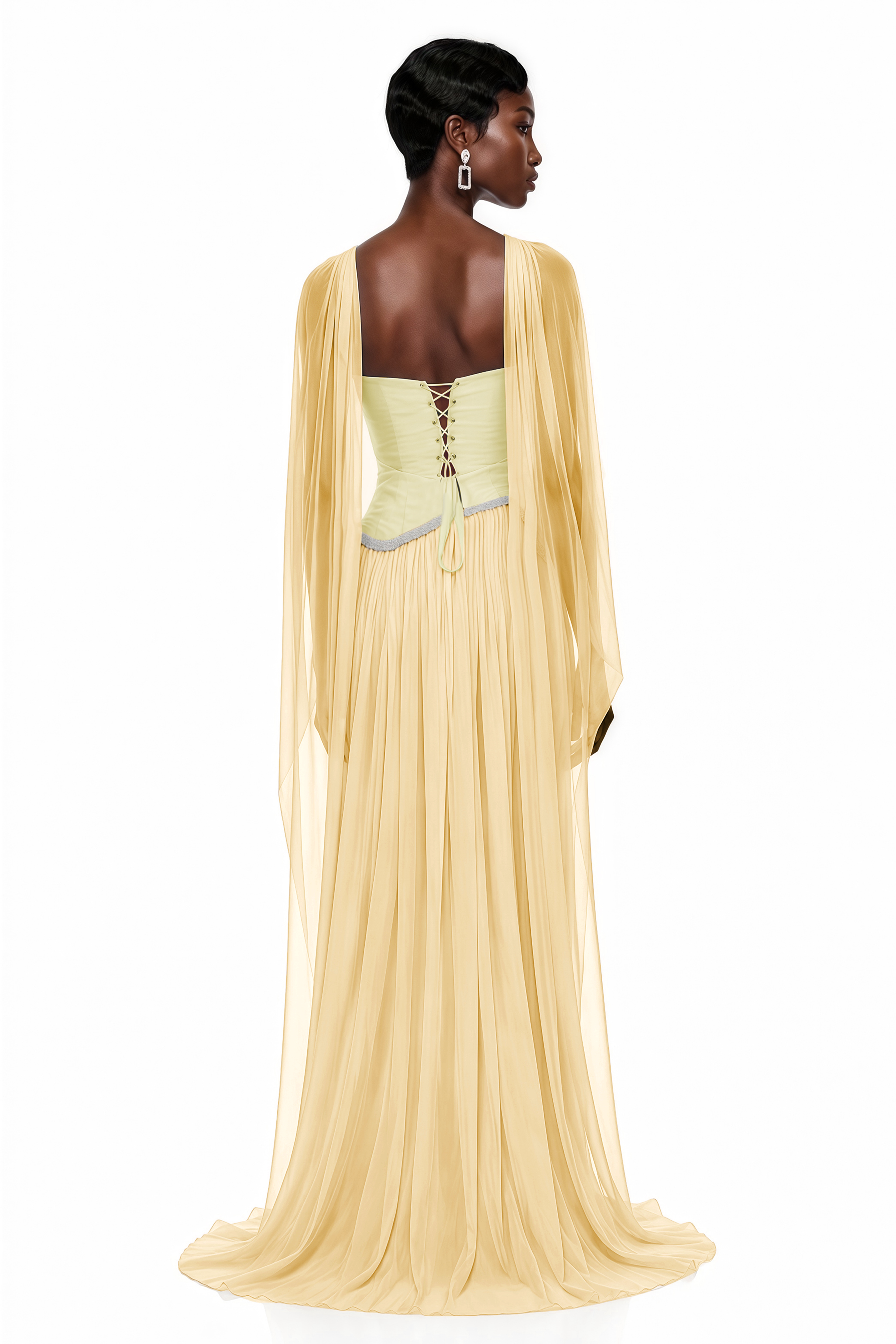 Iris Yellow Embellished Asymmetrical Maxi Dress with Cape