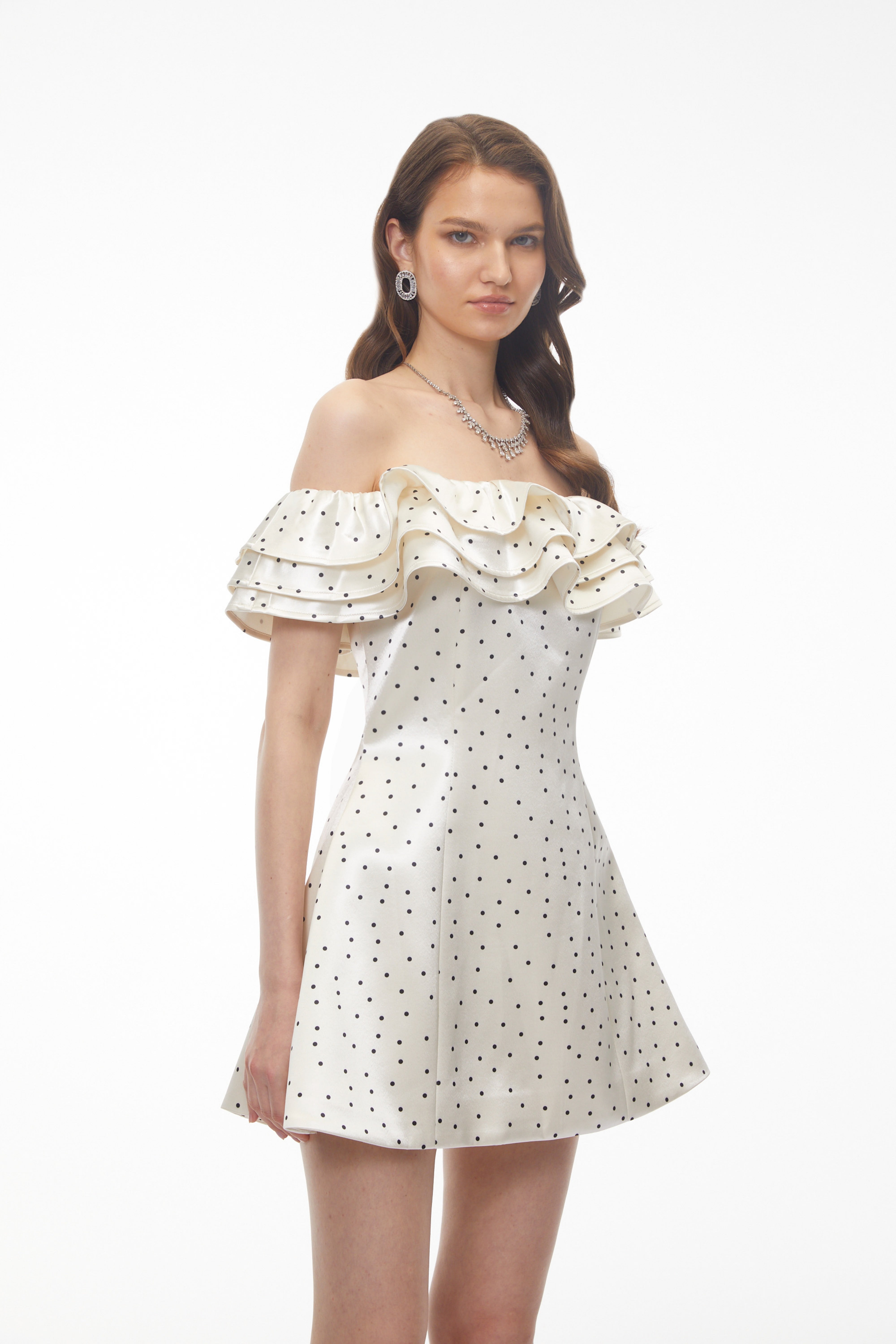 Isabella White Off Shoulder Polka Dot Ruffled Mini Dress (Final Sale)