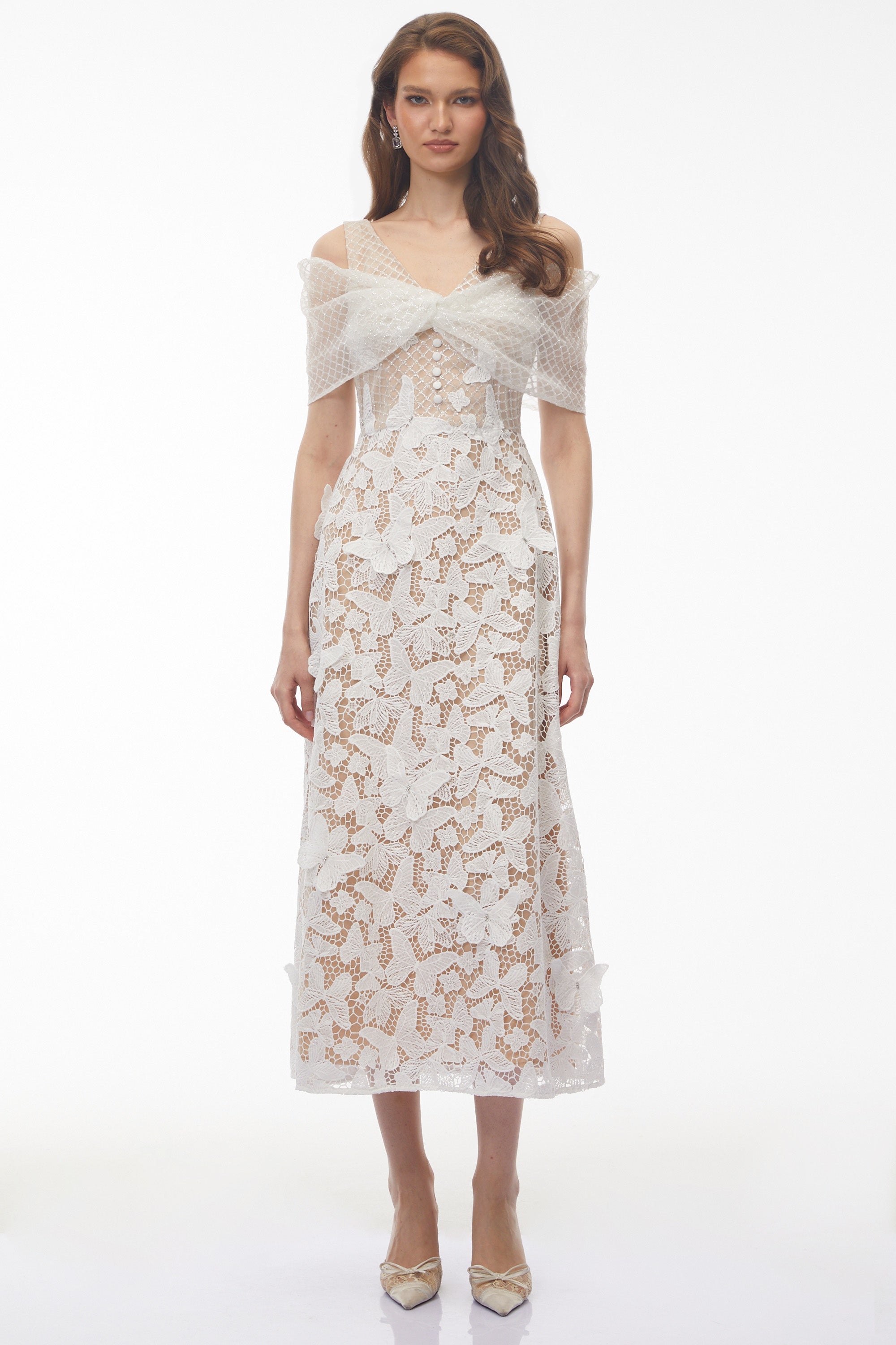 Isla White Cold Shoulder Midi Dress with Butterfly Applique (Final Sale)