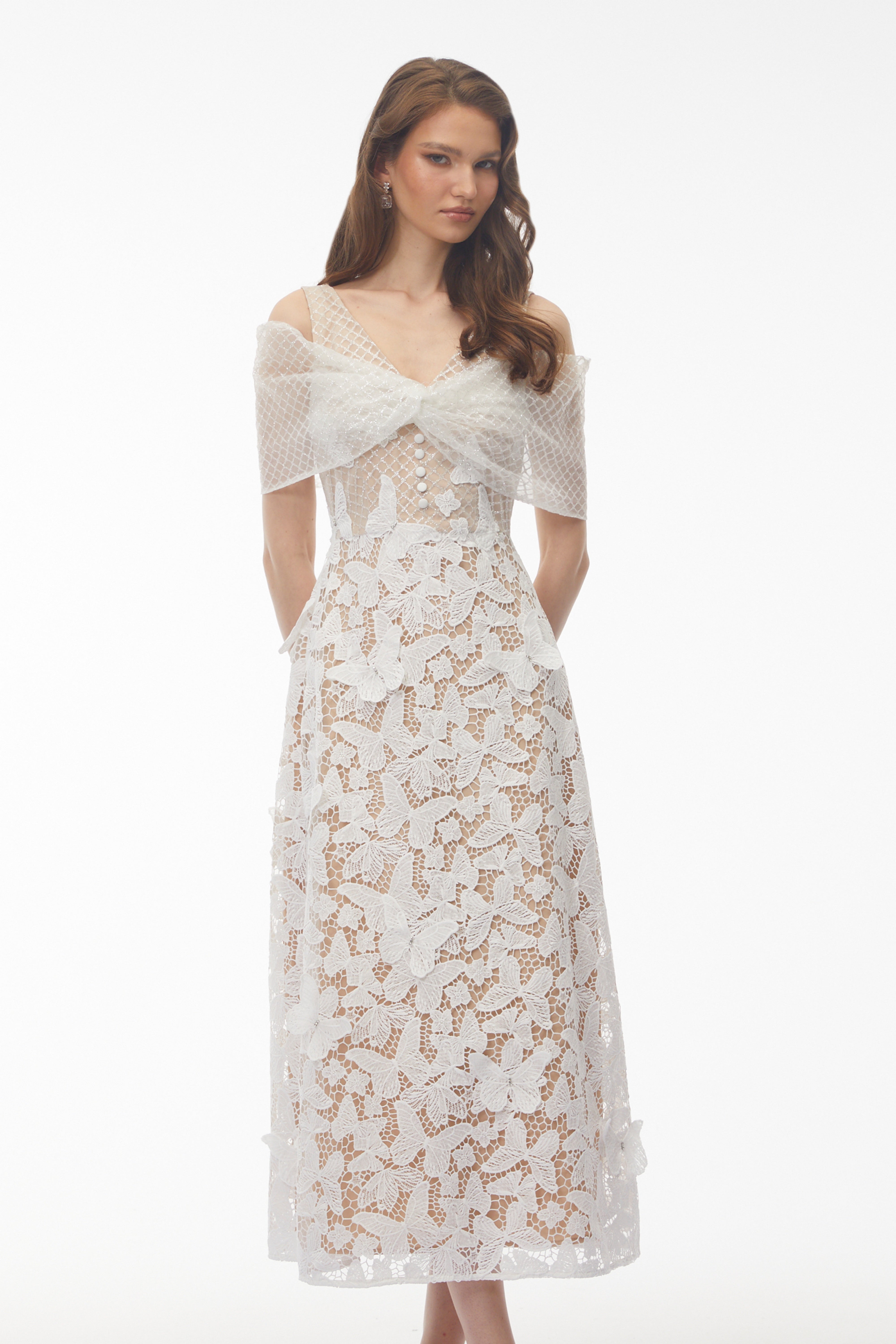 Isla White Cold Shoulder Midi Dress with Butterfly Applique (Final Sale)