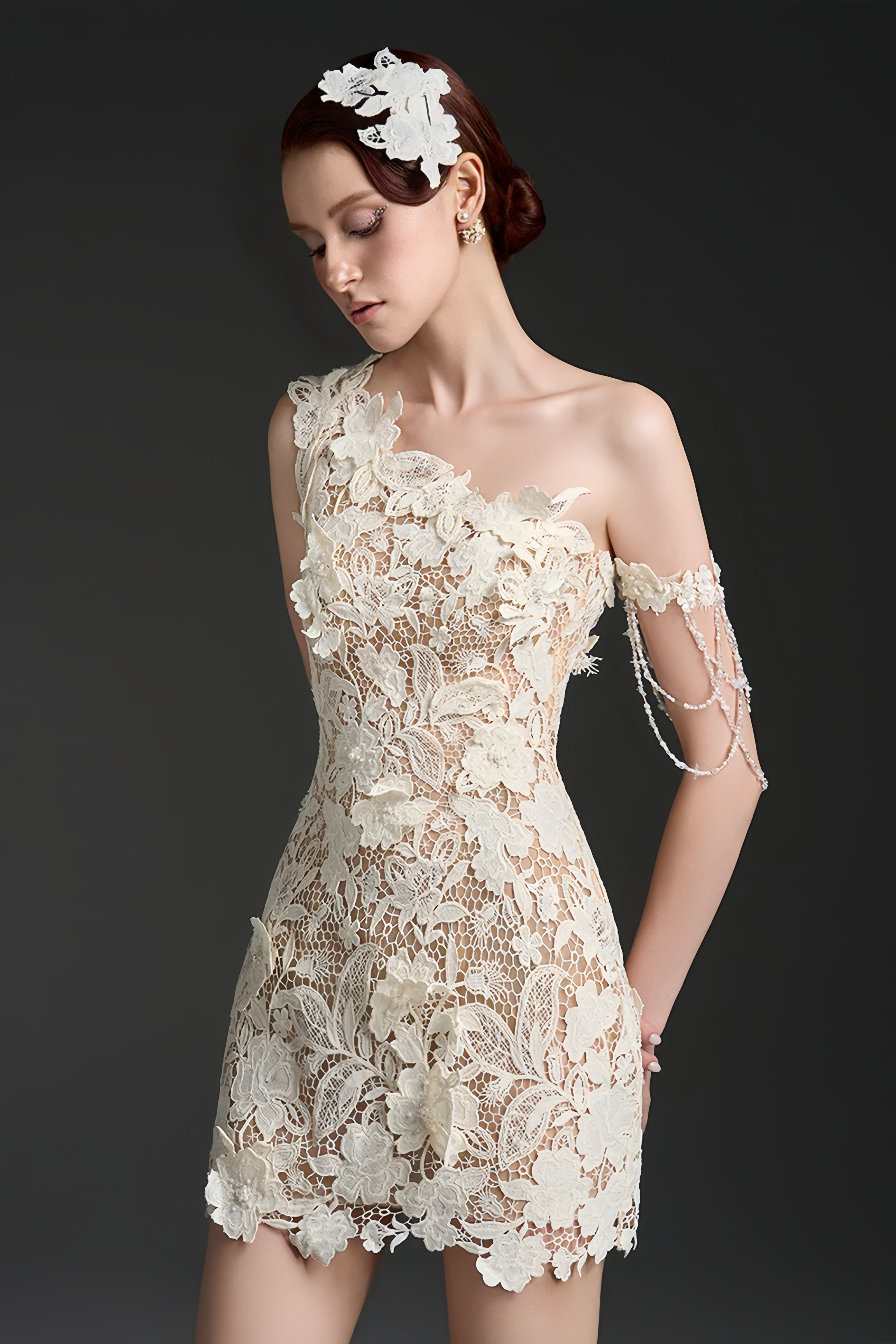 White One-Shoulder Floral Lace Mini Dress
