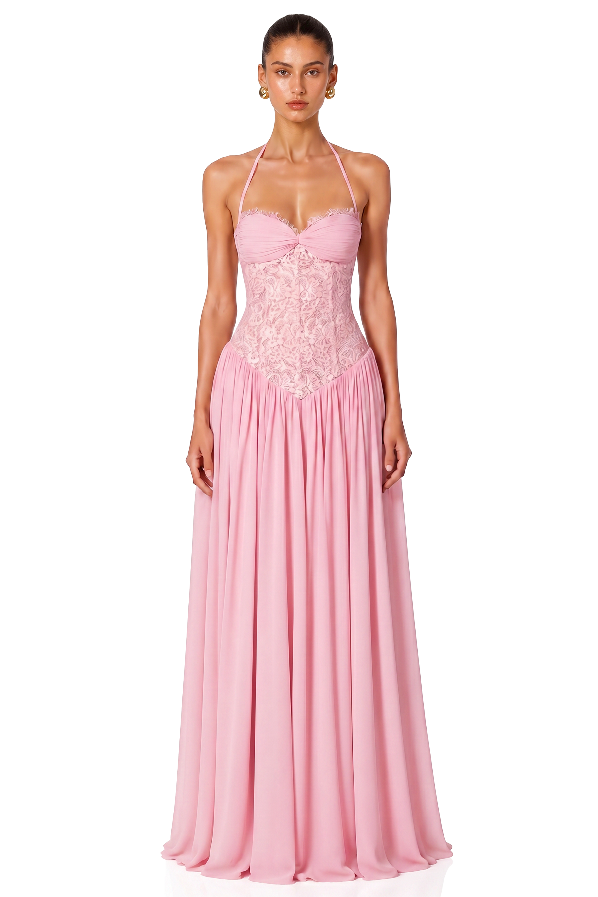 Joelle Pink Halterneck Lace Corset Maxi Dress