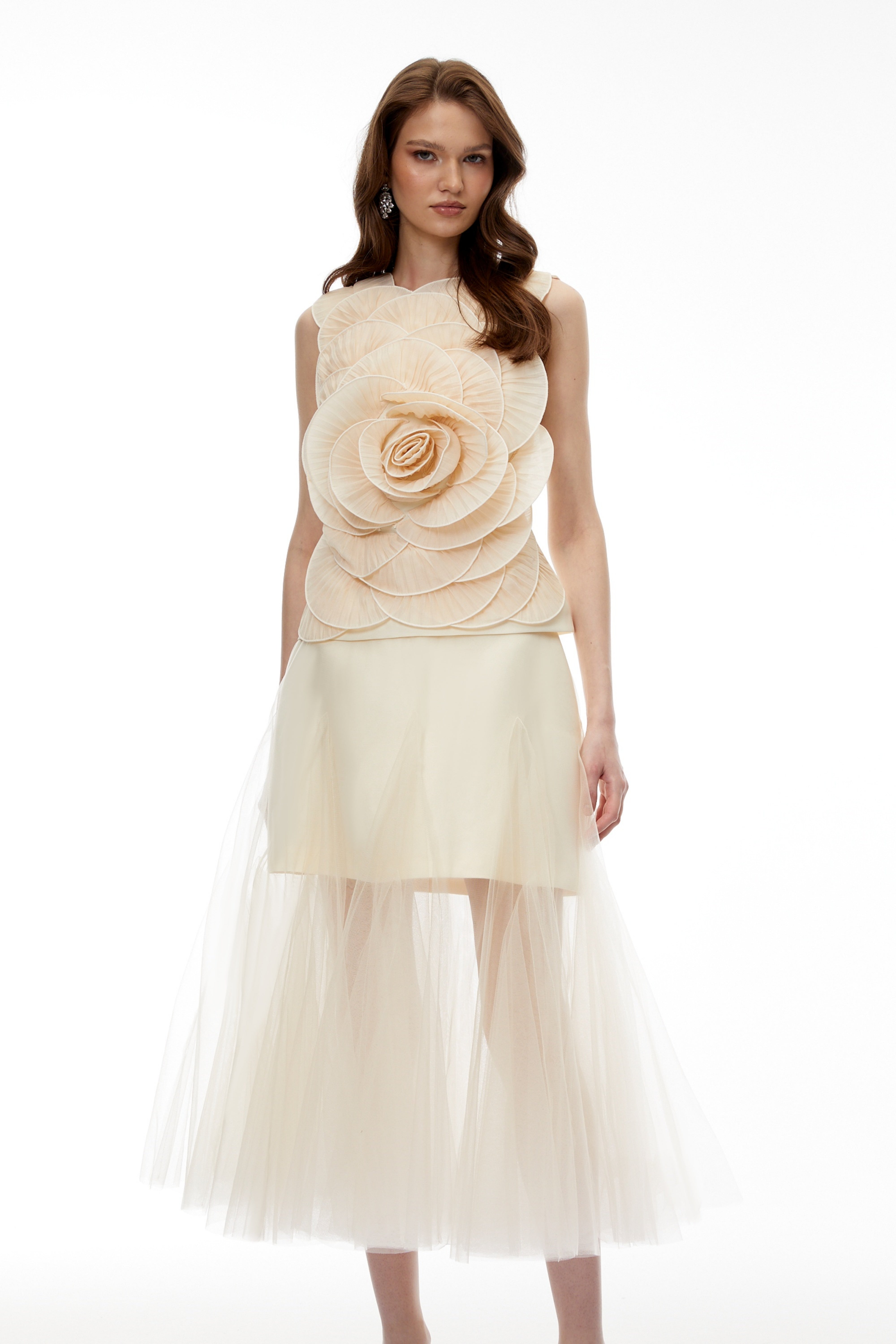 Karima Neutral 3D Petal Top & Skirt Set (Final Sale-US Only)