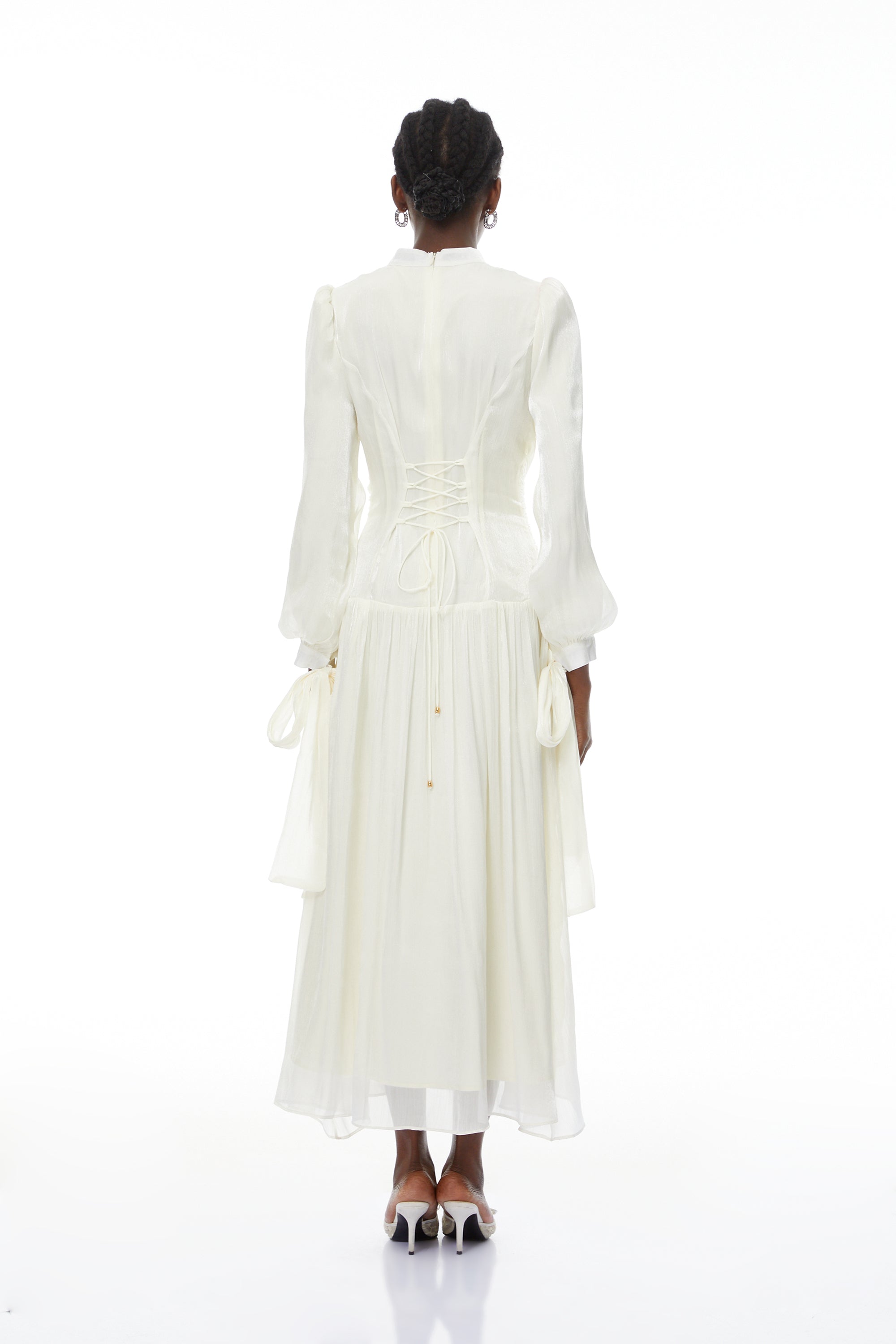 Katrín White Glossy Gathered Maxi Dress (Final Sale)