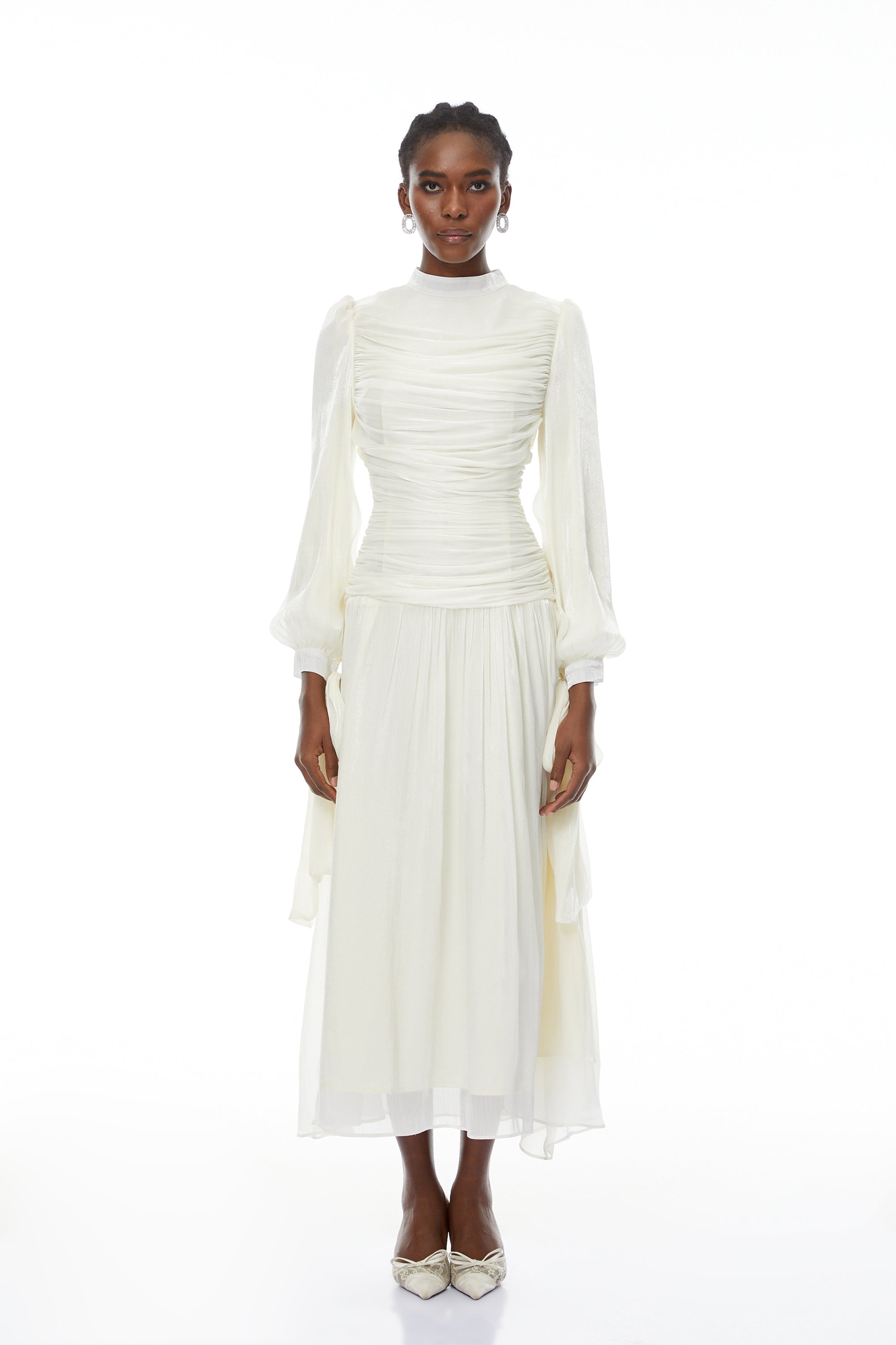 Katrín White Glossy Gathered Maxi Dress (Final Sale)