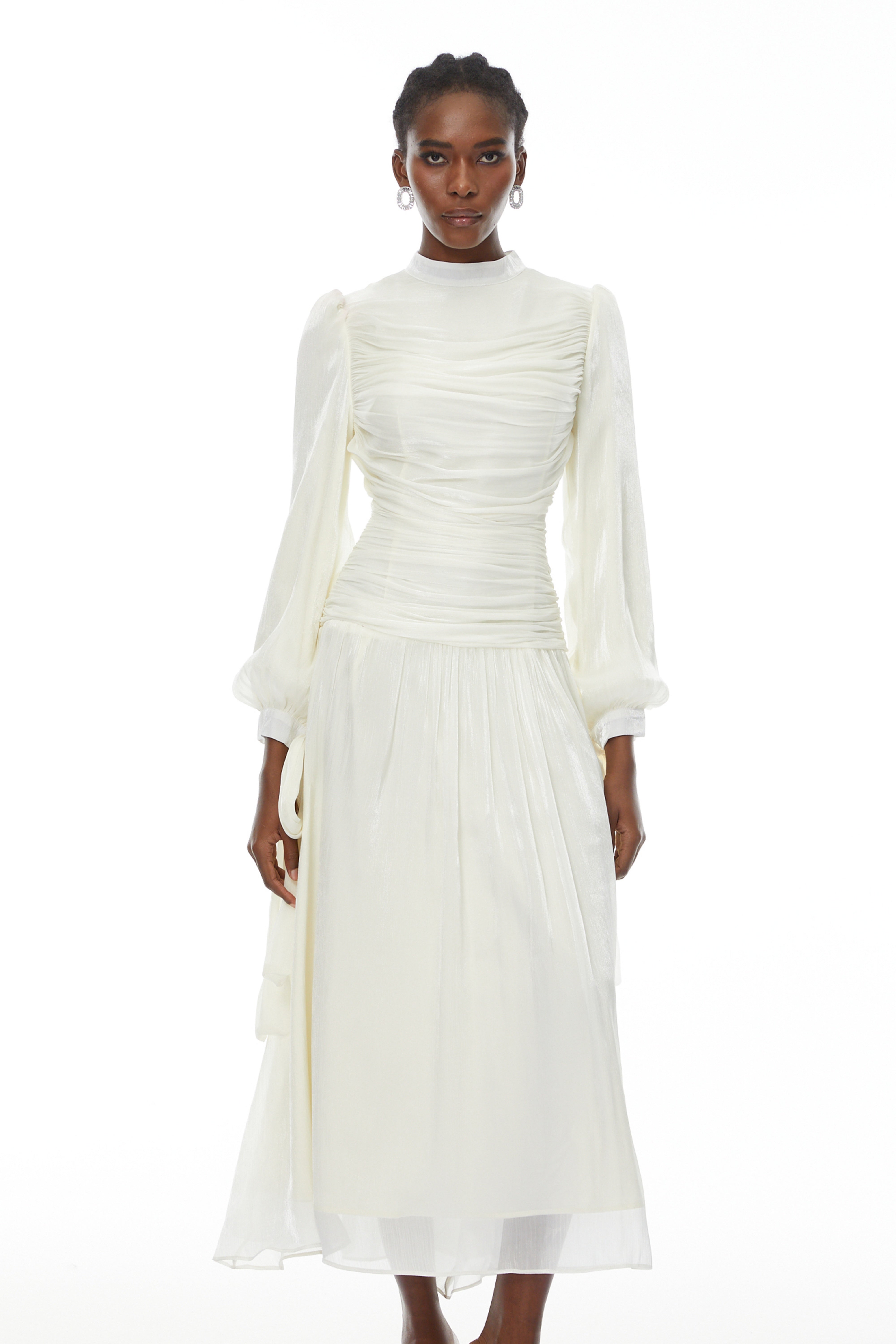 Katrín White Glossy Gathered Maxi Dress (Final Sale)