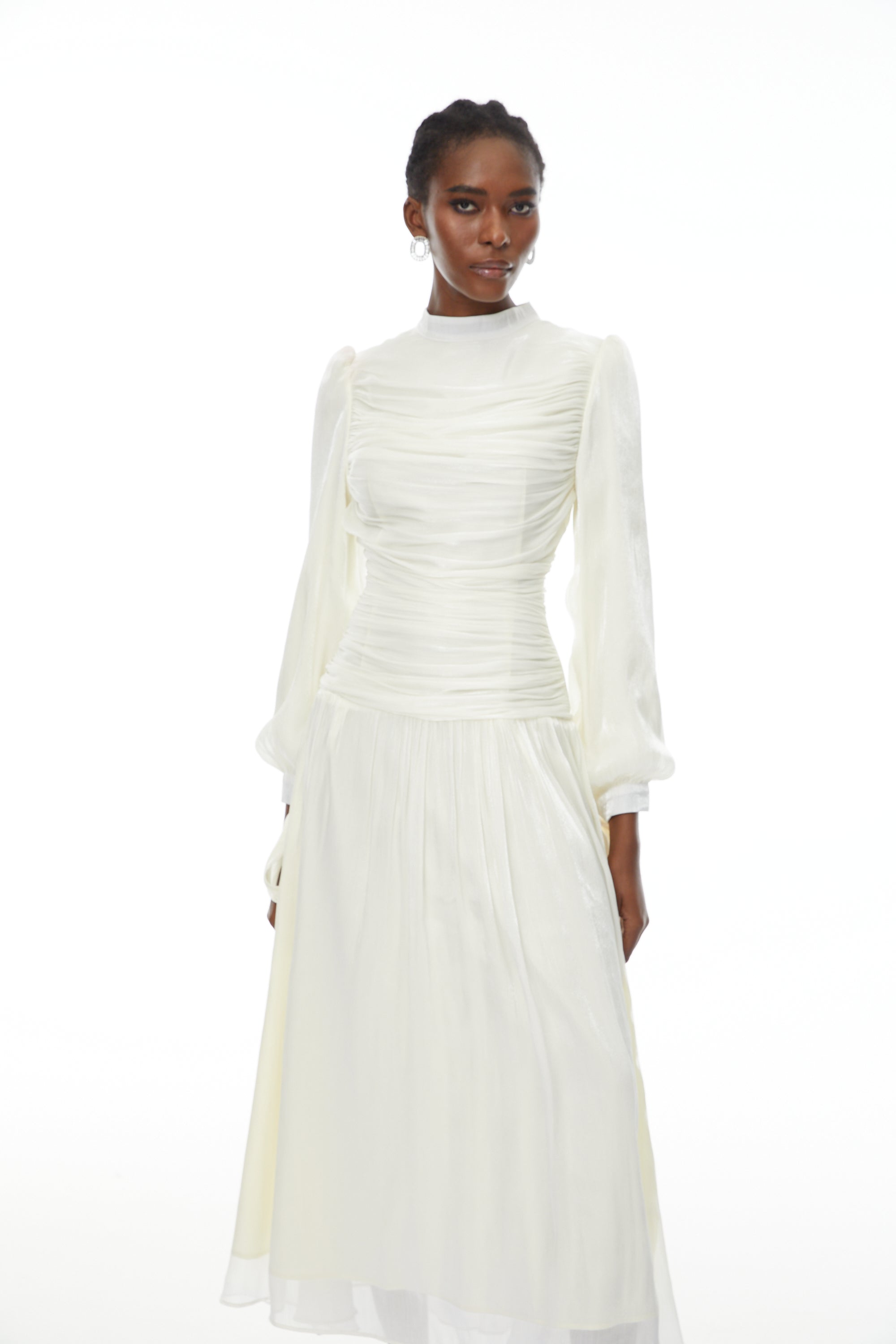 Katrín White Glossy Gathered Maxi Dress (Final Sale)