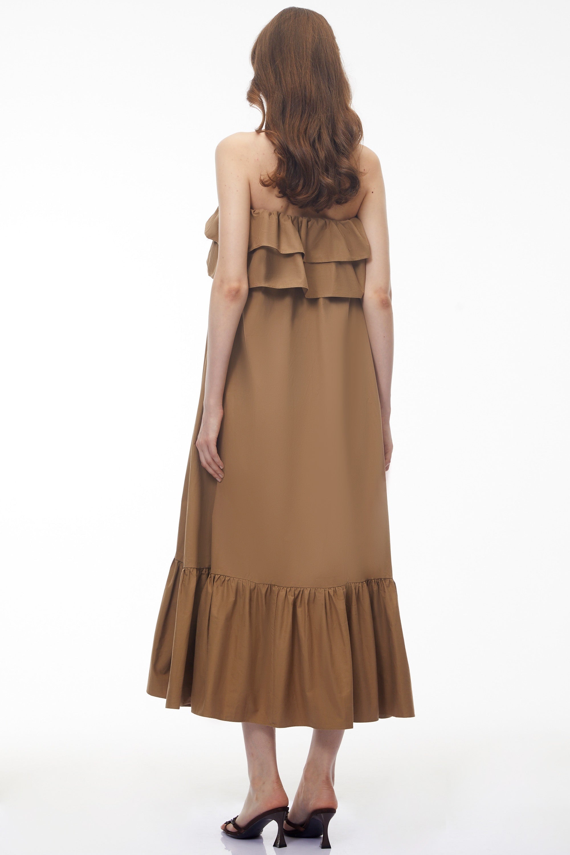 Laelia Camel Tiered Ruffled Midi Dress (Final Sale)