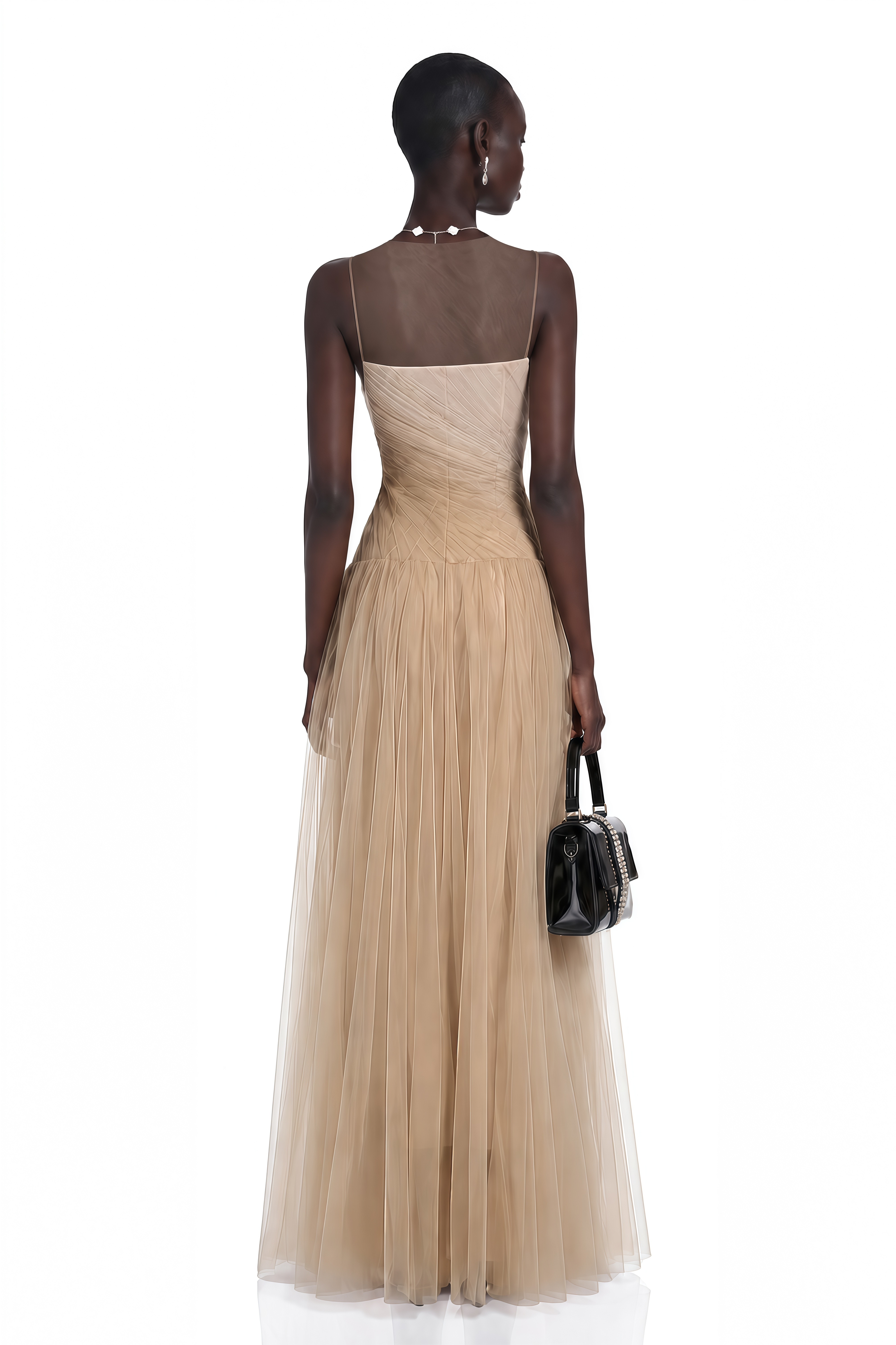 Larissa Champagne Sleeveless Maxi Dress with Mesh Panels (Without Shawl)
