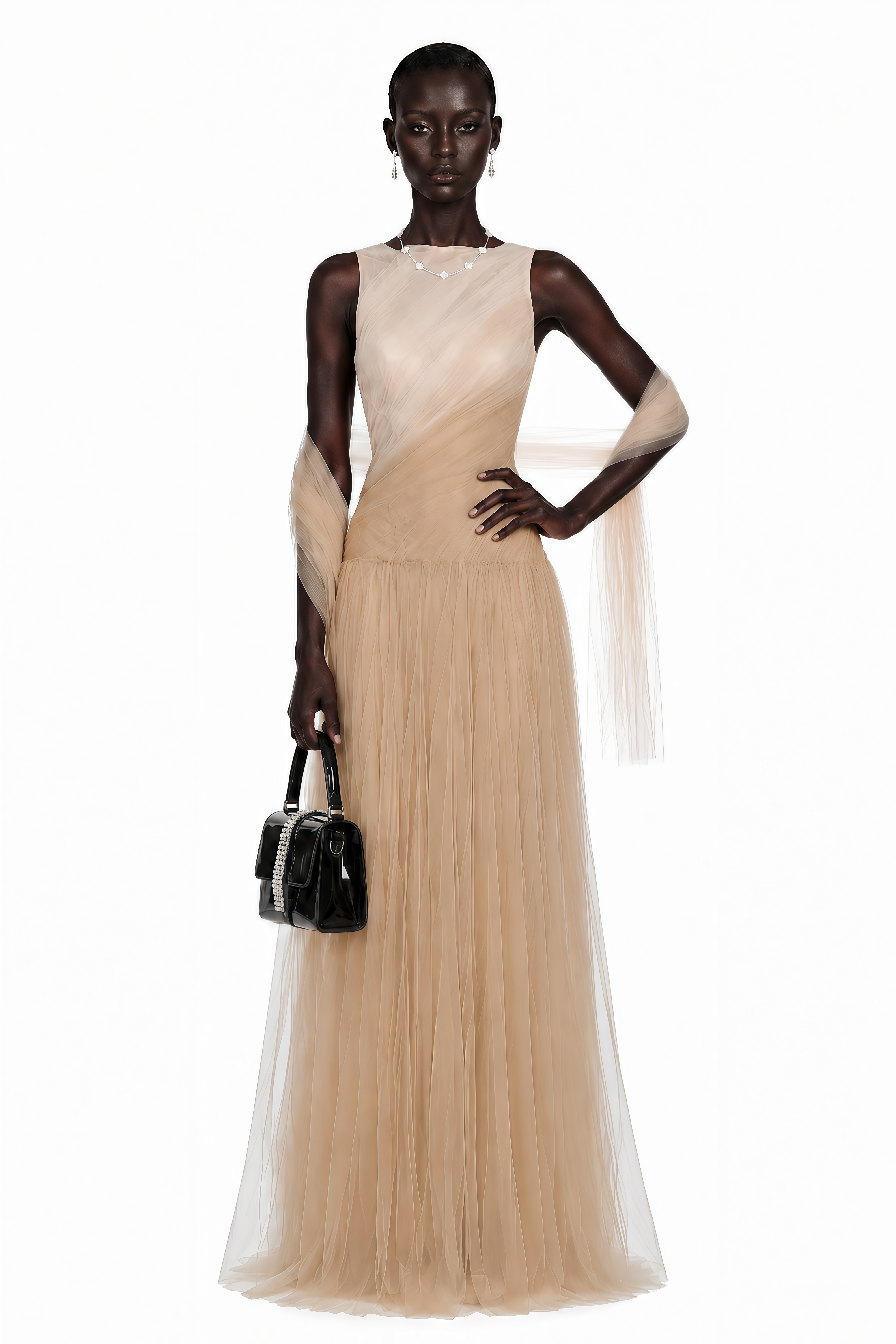Larissa Champagne Sleeveless Maxi Dress with Mesh Panels (Without Shawl)