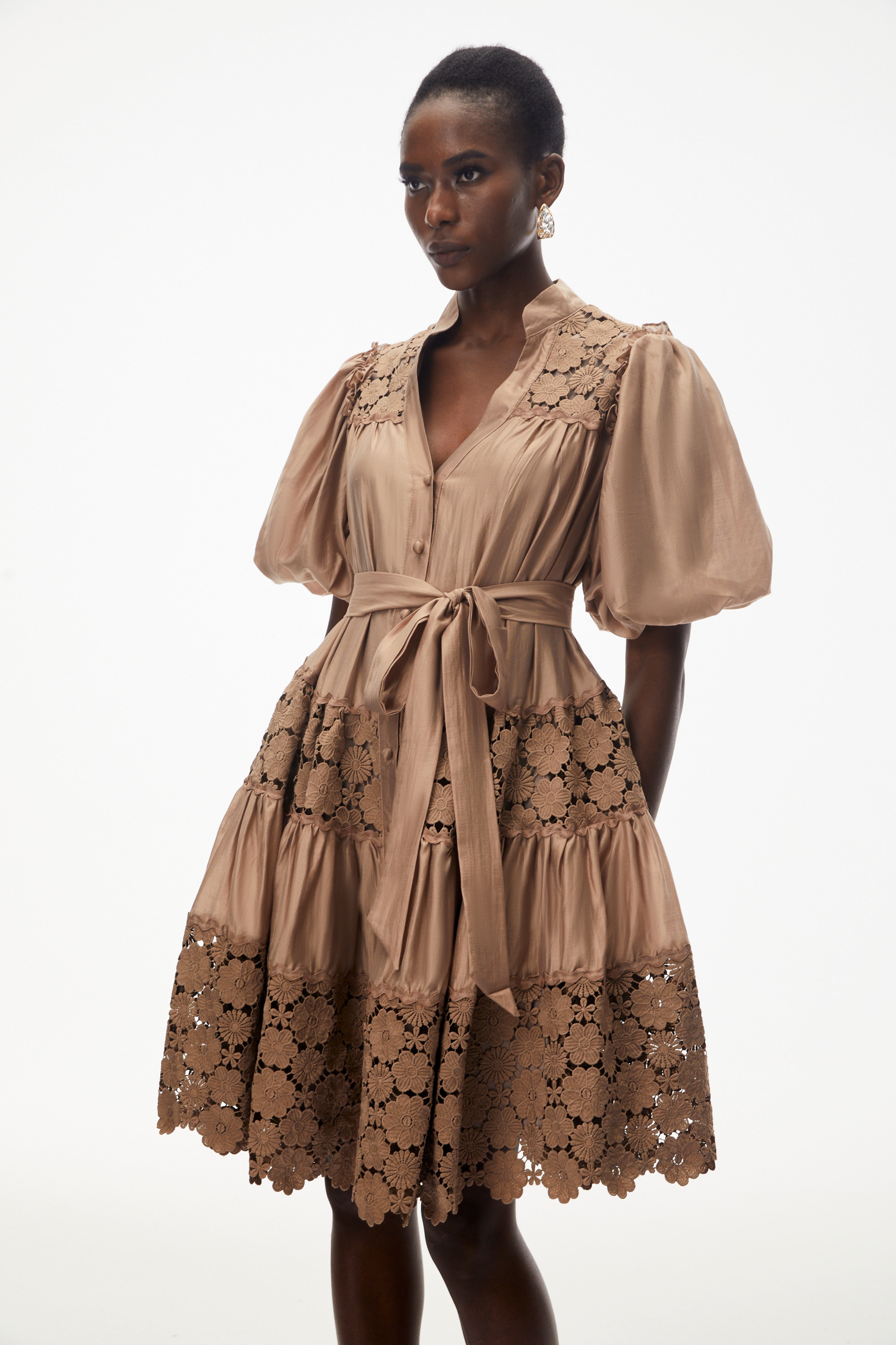 Lavinia Camel Satin Mini Dress with Floral Lace Panels (Final Sale-US Only)