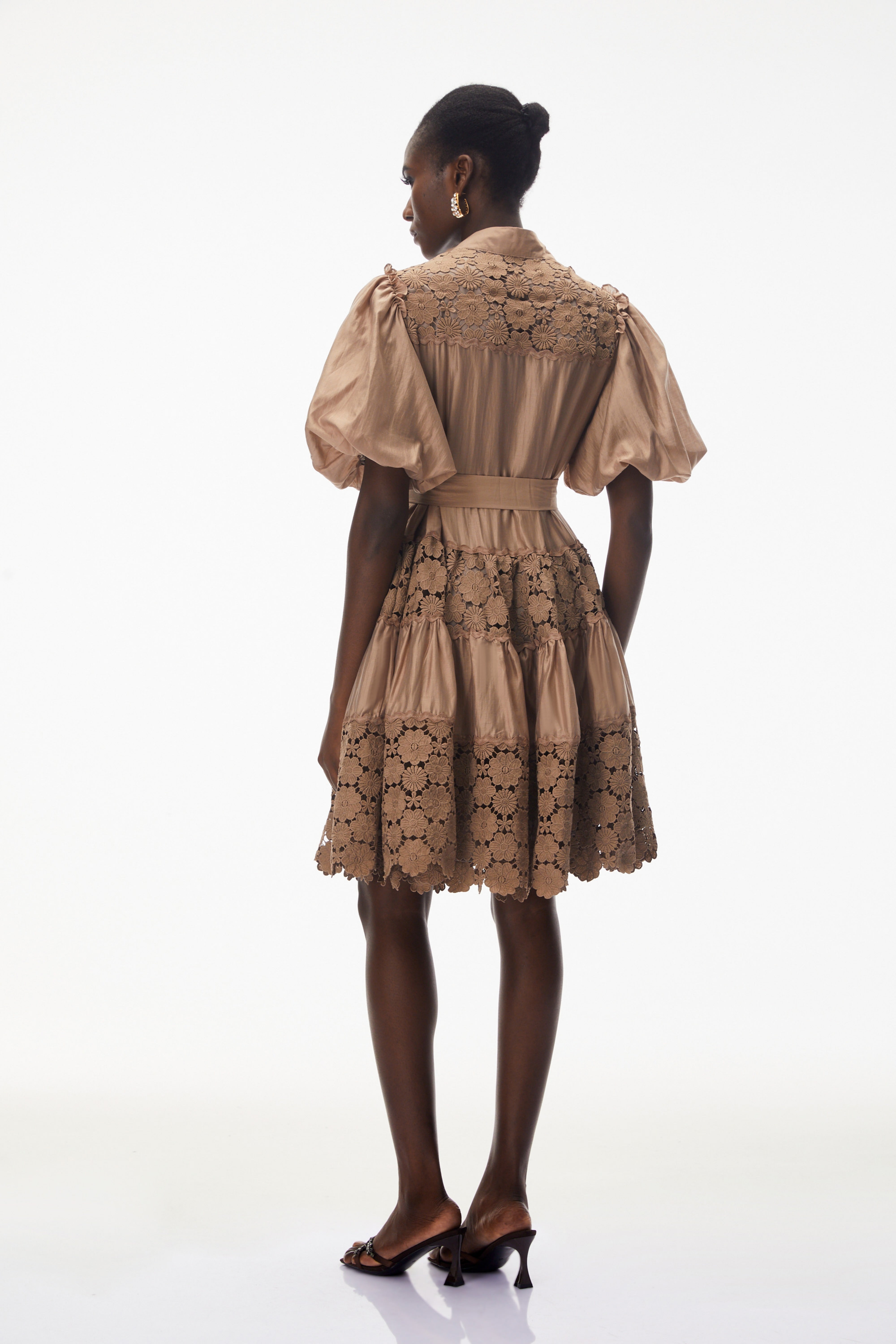 Lavinia Camel Satin Mini Dress with Floral Lace Panels (Final Sale-US Only)