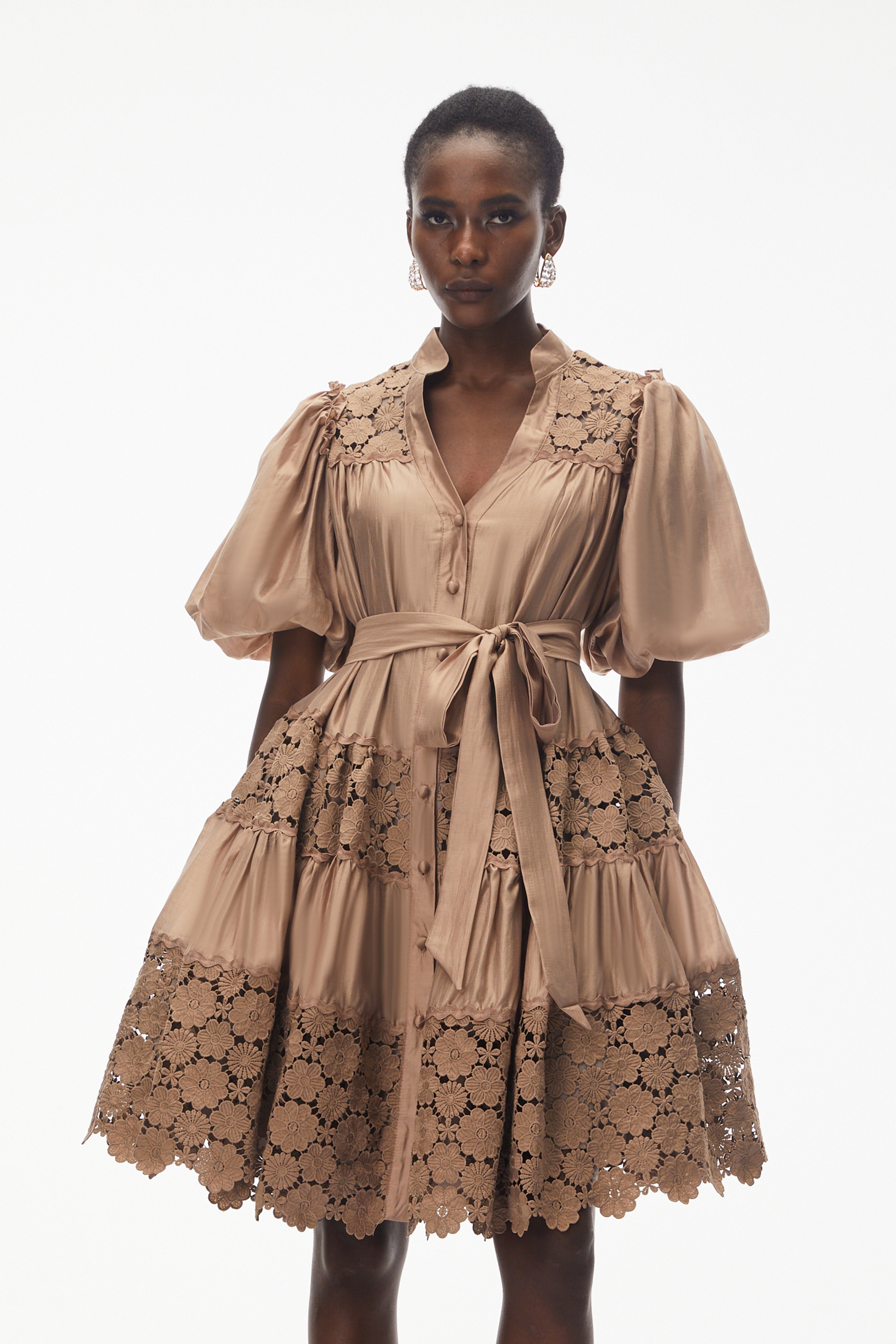 Lavinia Camel Satin Mini Dress with Floral Lace Panels (Final Sale-US Only)
