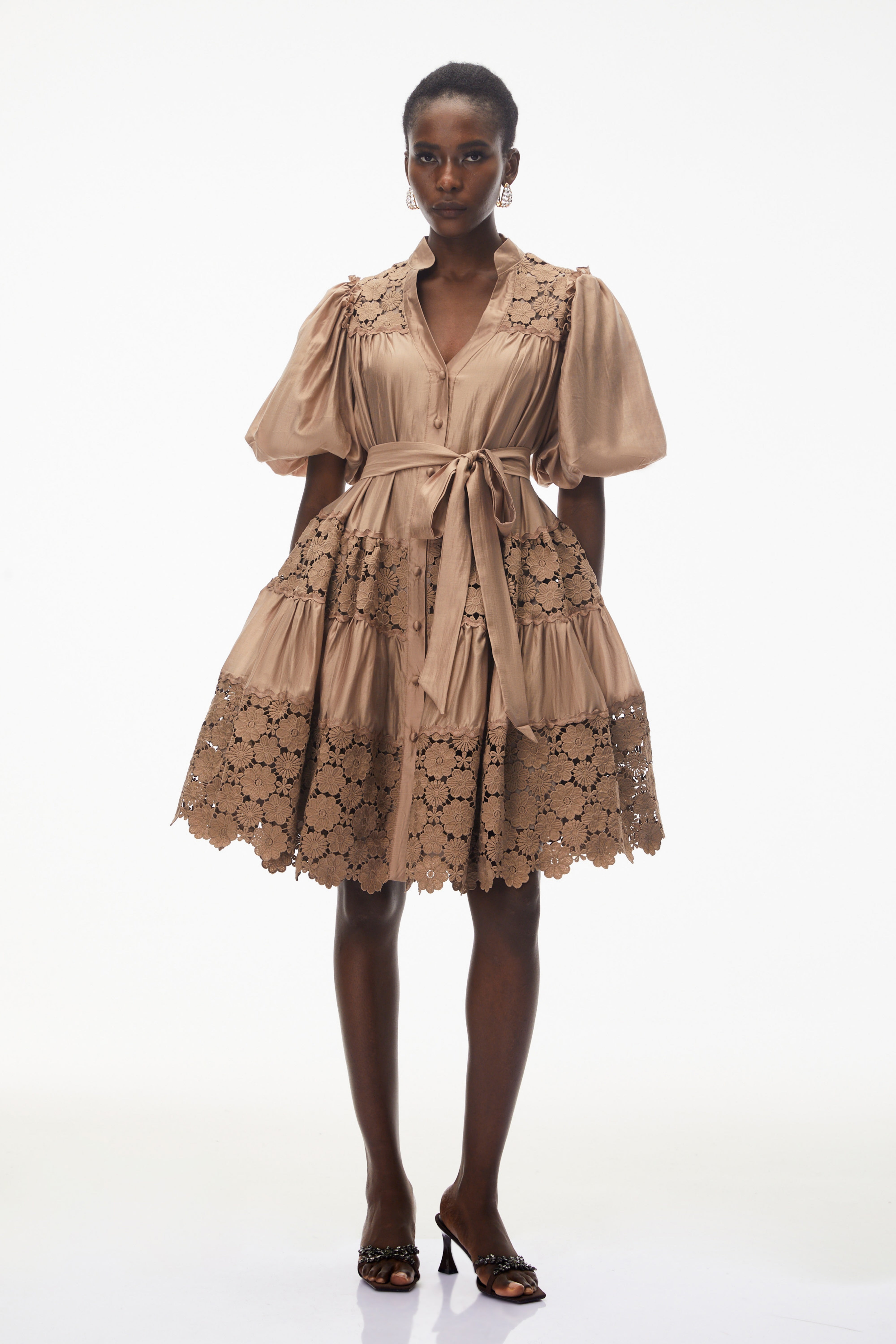 Lavinia Camel Satin Mini Dress with Floral Lace Panels (Final Sale-US Only)