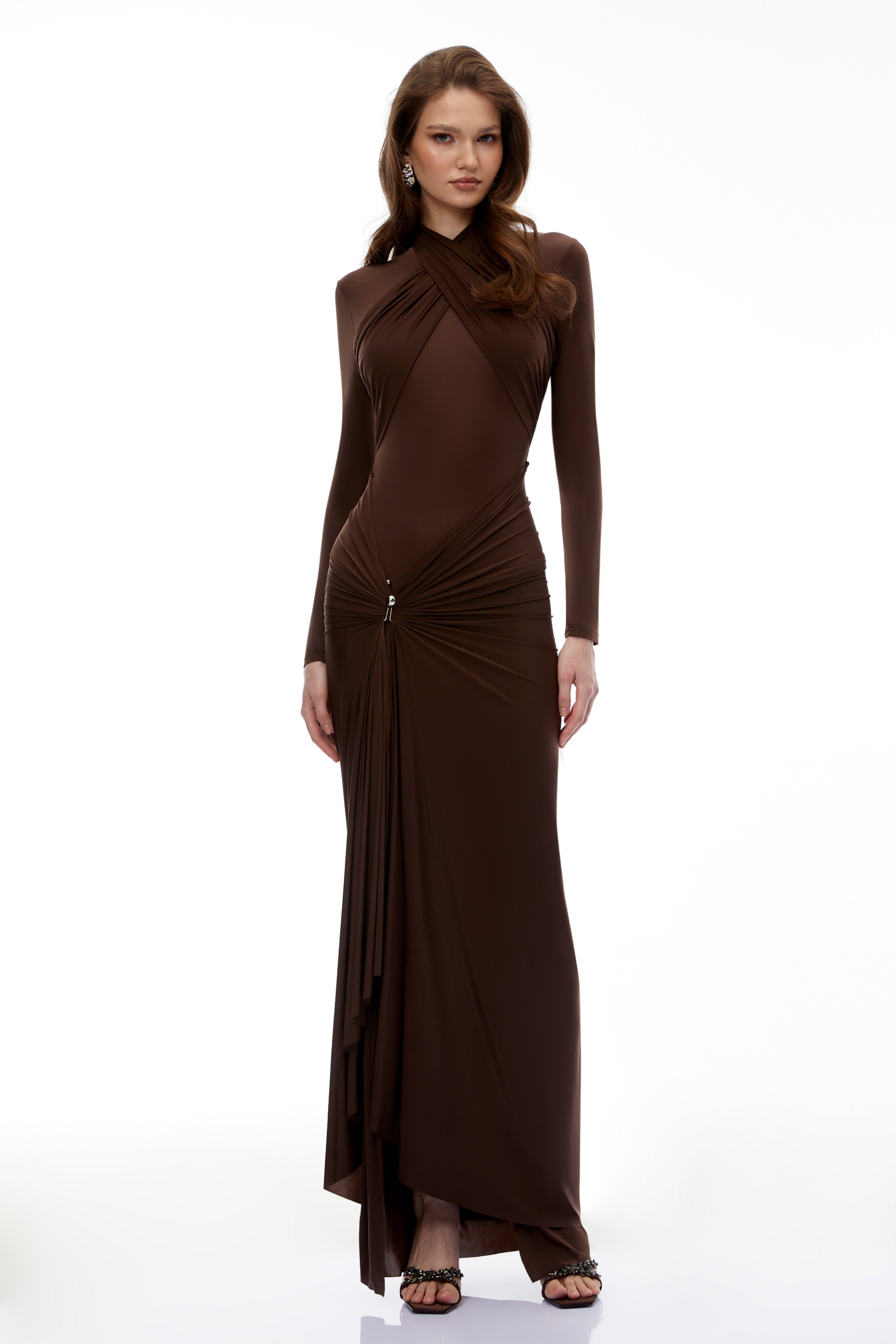 Lena Chocolate Brown Cross Front Maxi Dress (Final Sale-US Only)