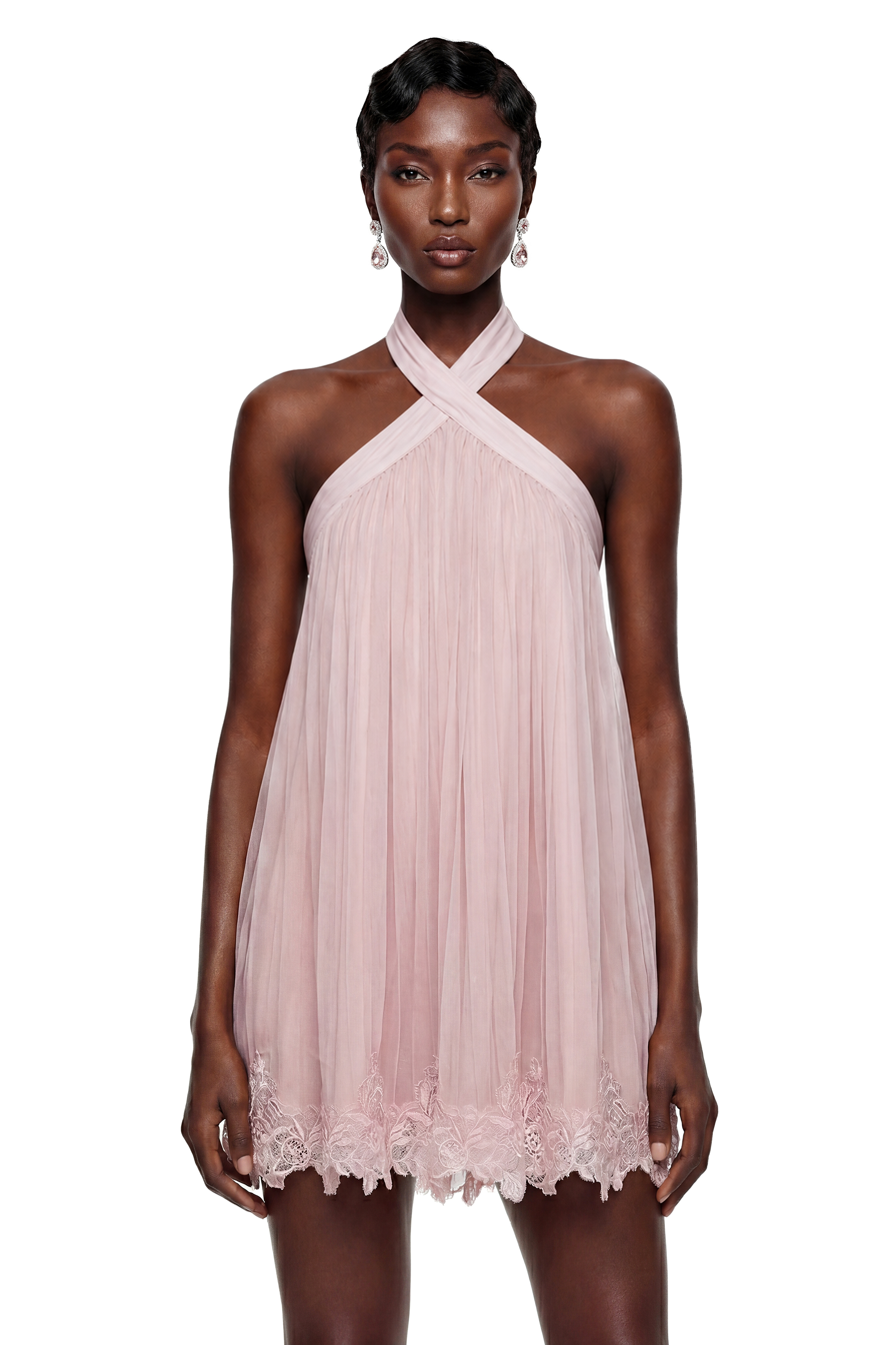 Blush pink halter-neck mini dress with pleated tulle and lace trim