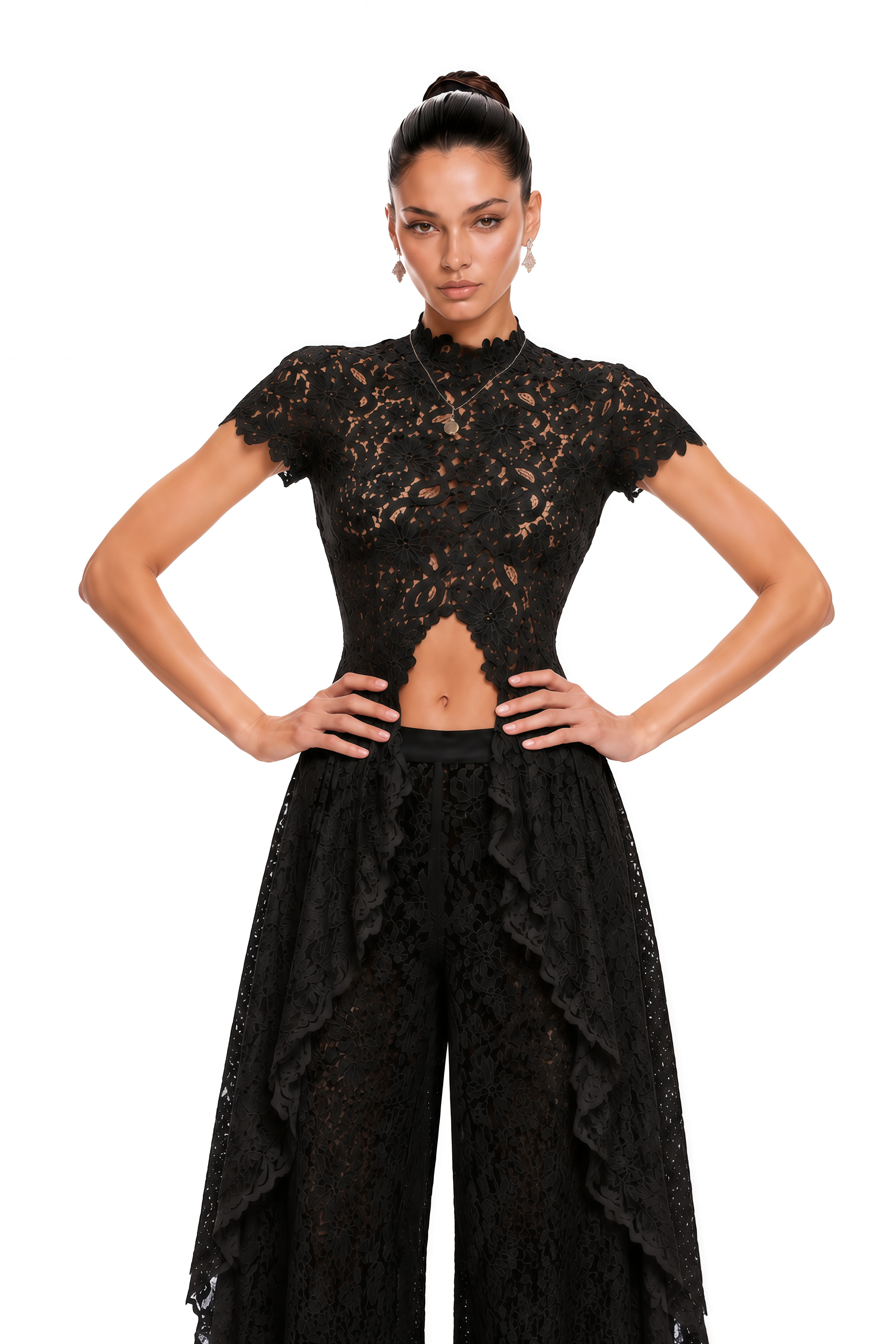 Loana Black Floral Lace Top & Trousers Set