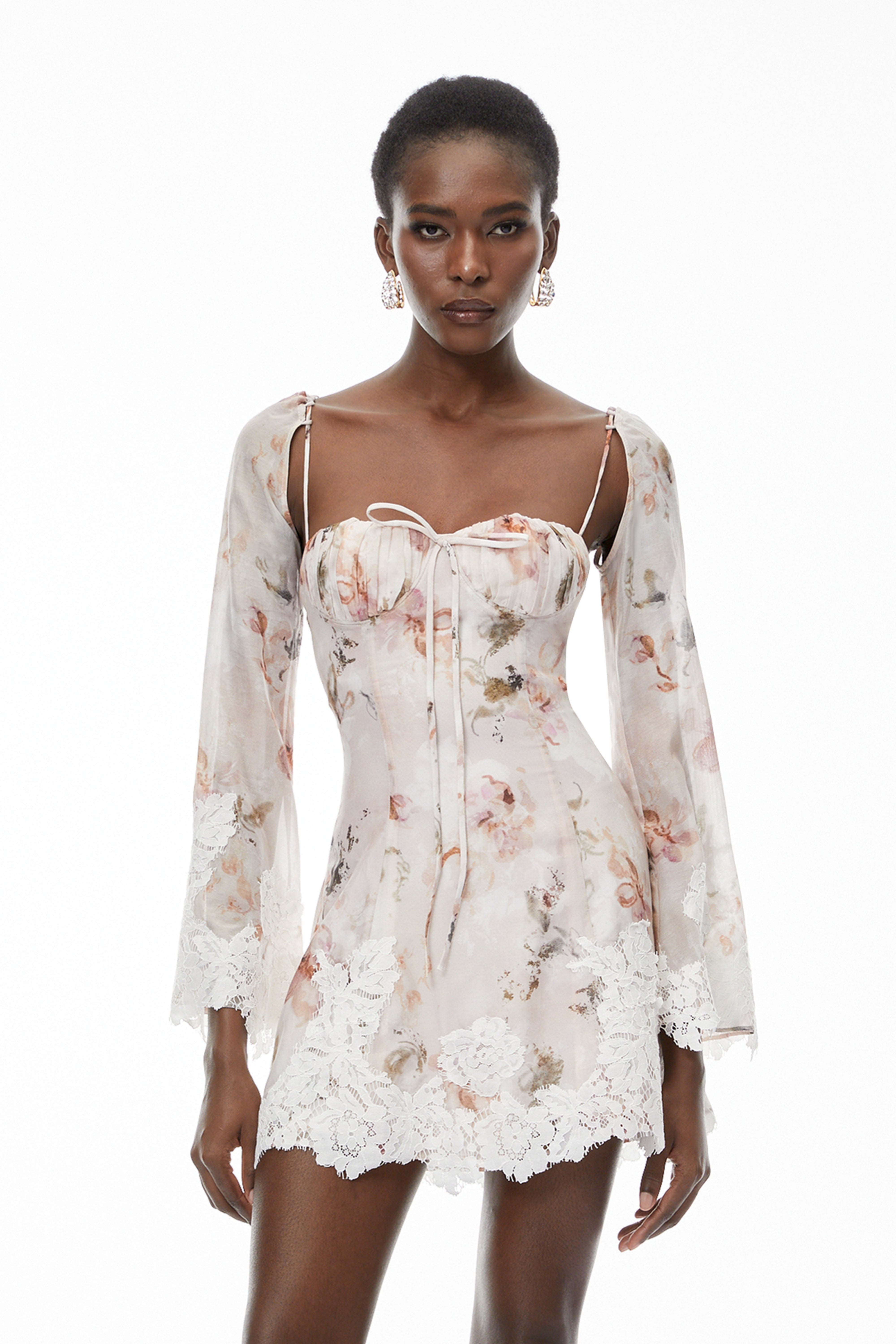 Lourdes Pink Floral Print Mini Dress with Lace Trim (Final Sale-US Only)