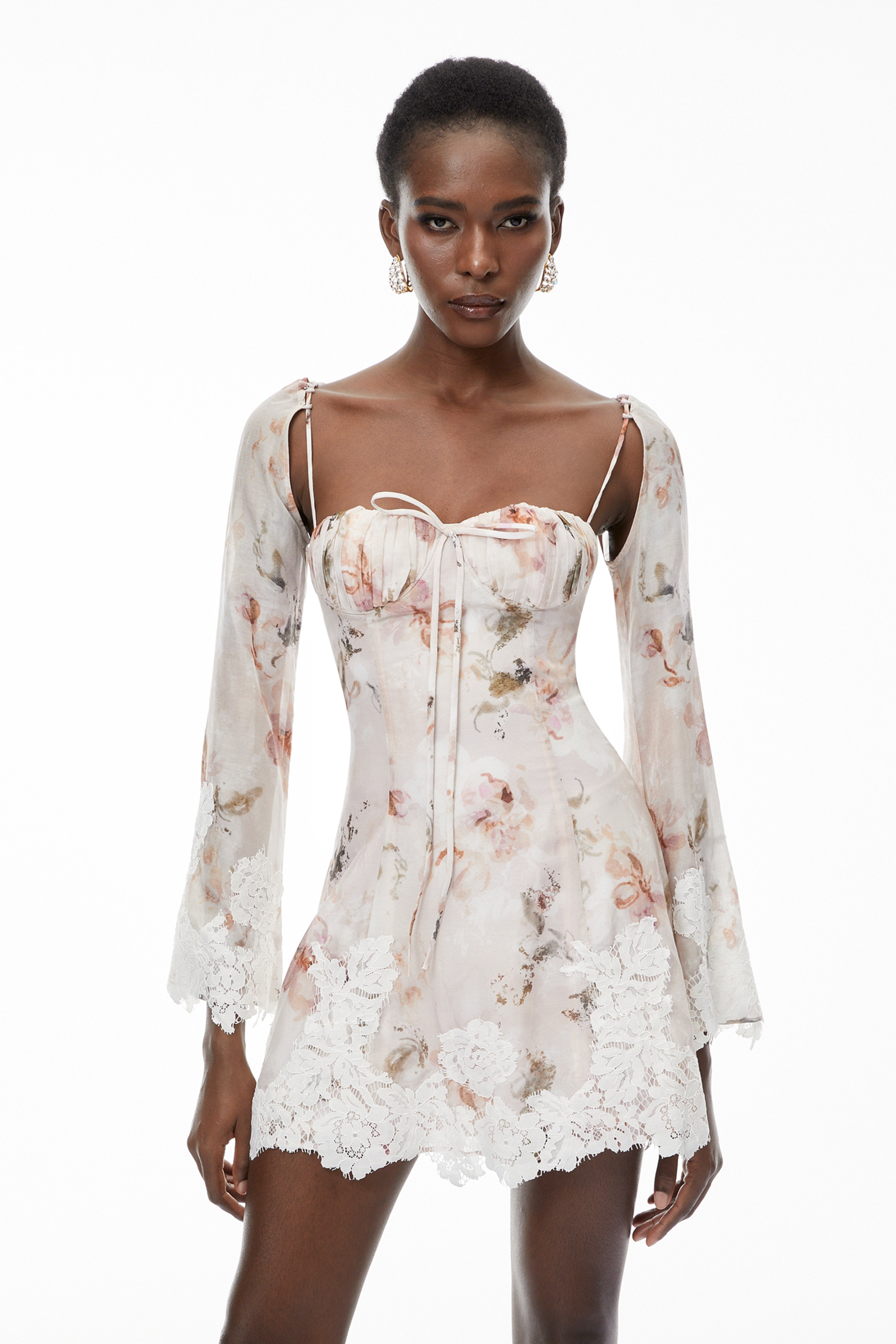 Lourdes Pink Floral Print Mini Dress with Lace Trim (Final Sale-US Only)