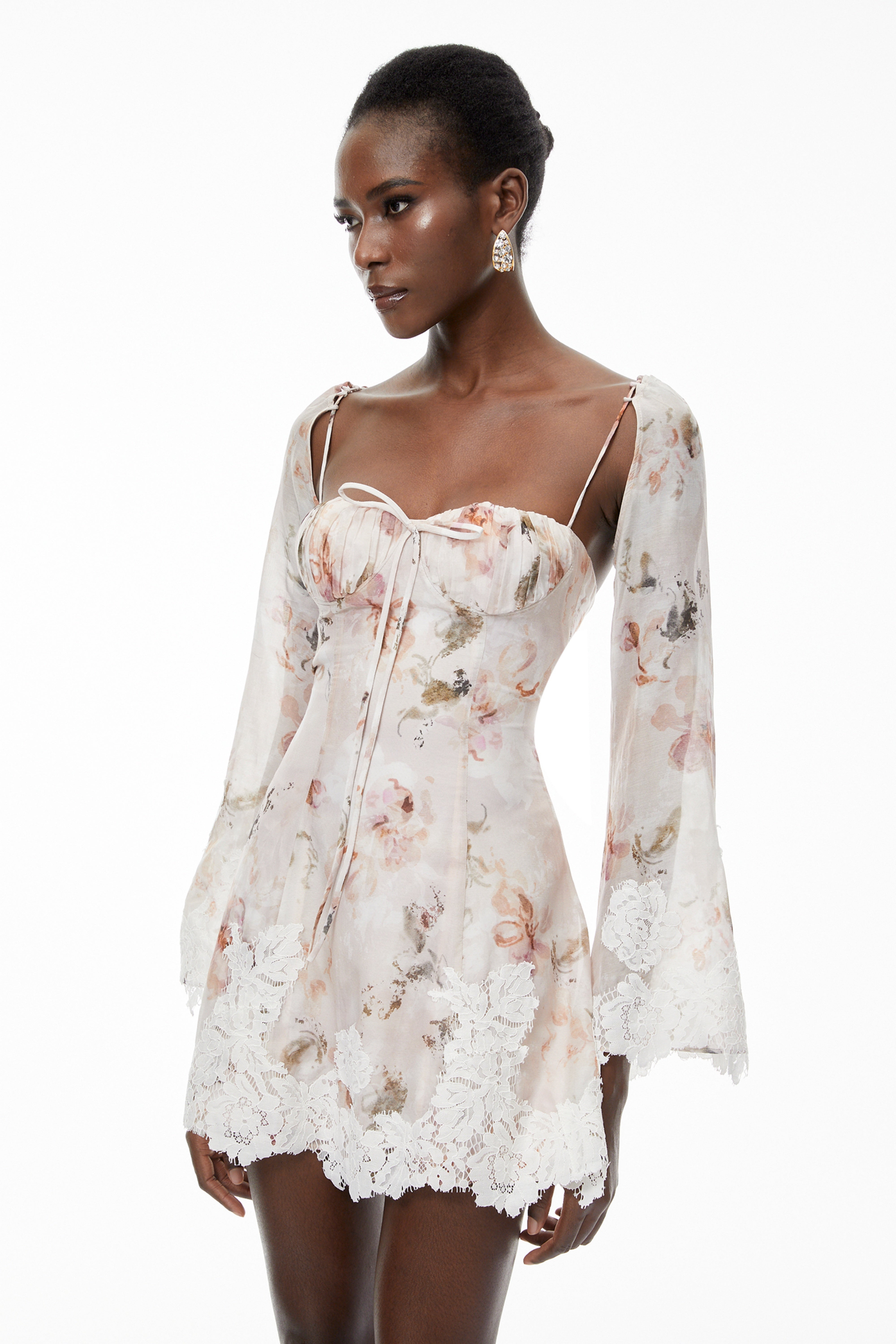 Lourdes Pink Floral Print Mini Dress with Lace Trim (Final Sale-US Only)