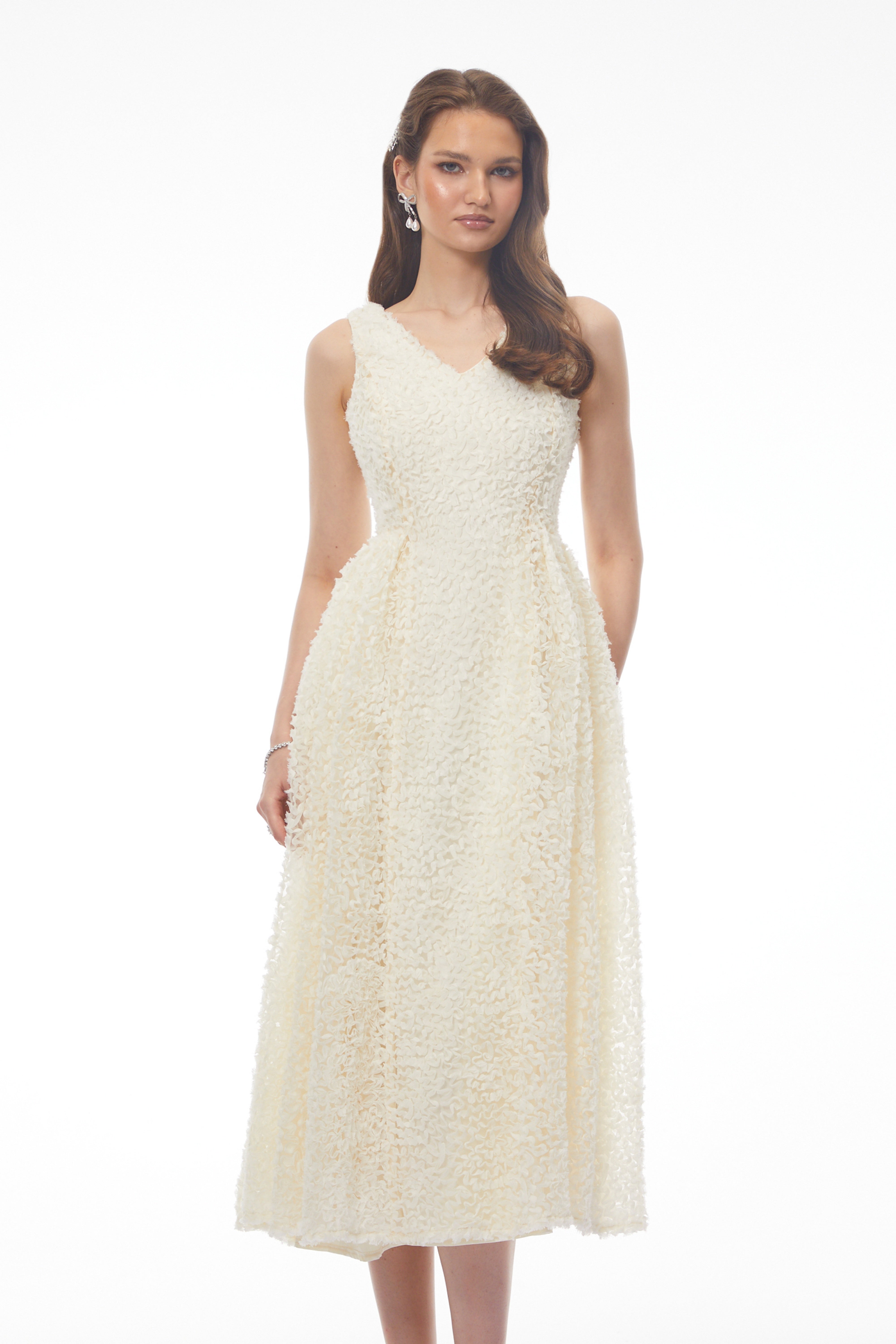 Luciana White Sleeveless Midi Dress with Fitted Bodice (Final Sale)