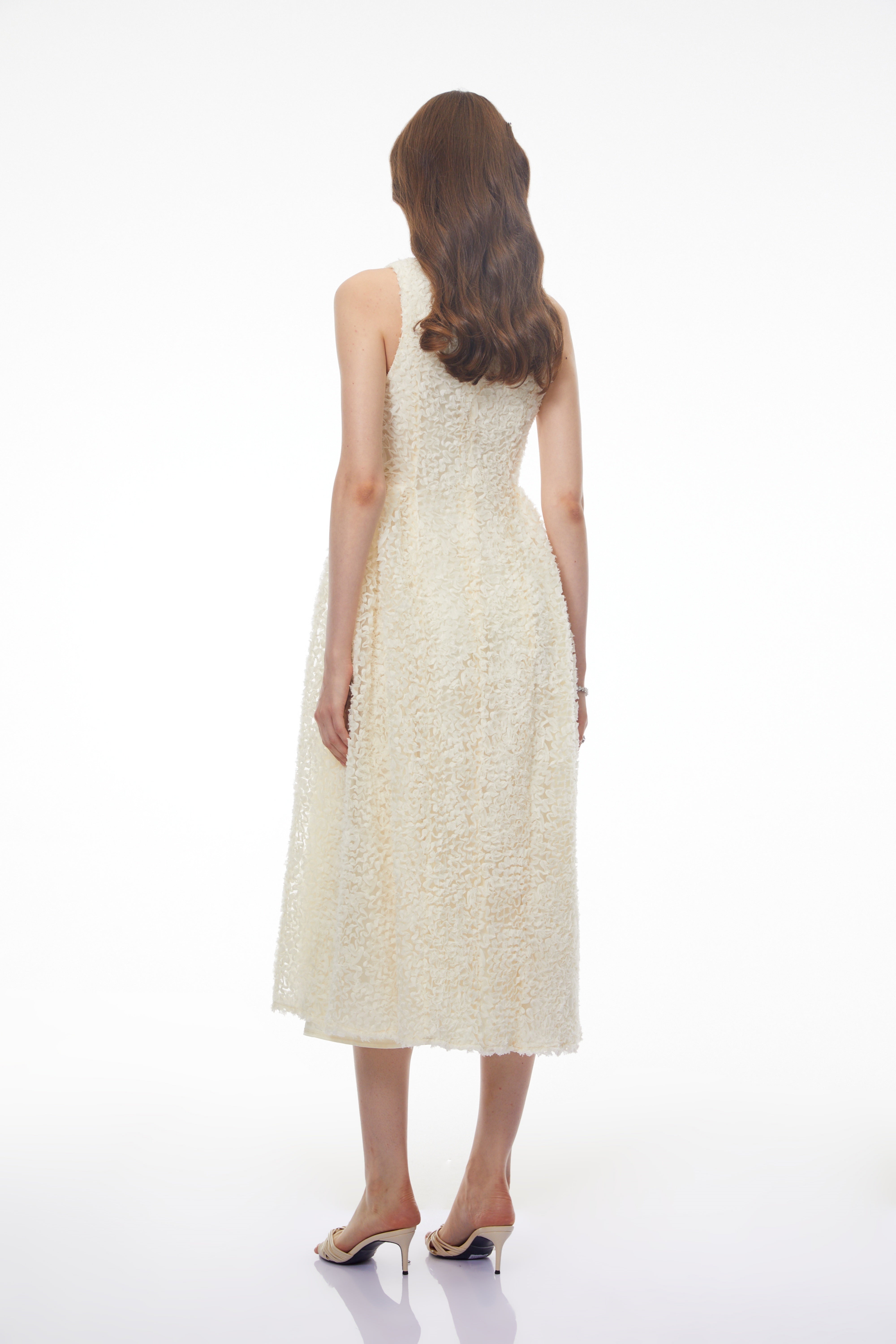 Luciana White Sleeveless Midi Dress with Fitted Bodice (Final Sale)