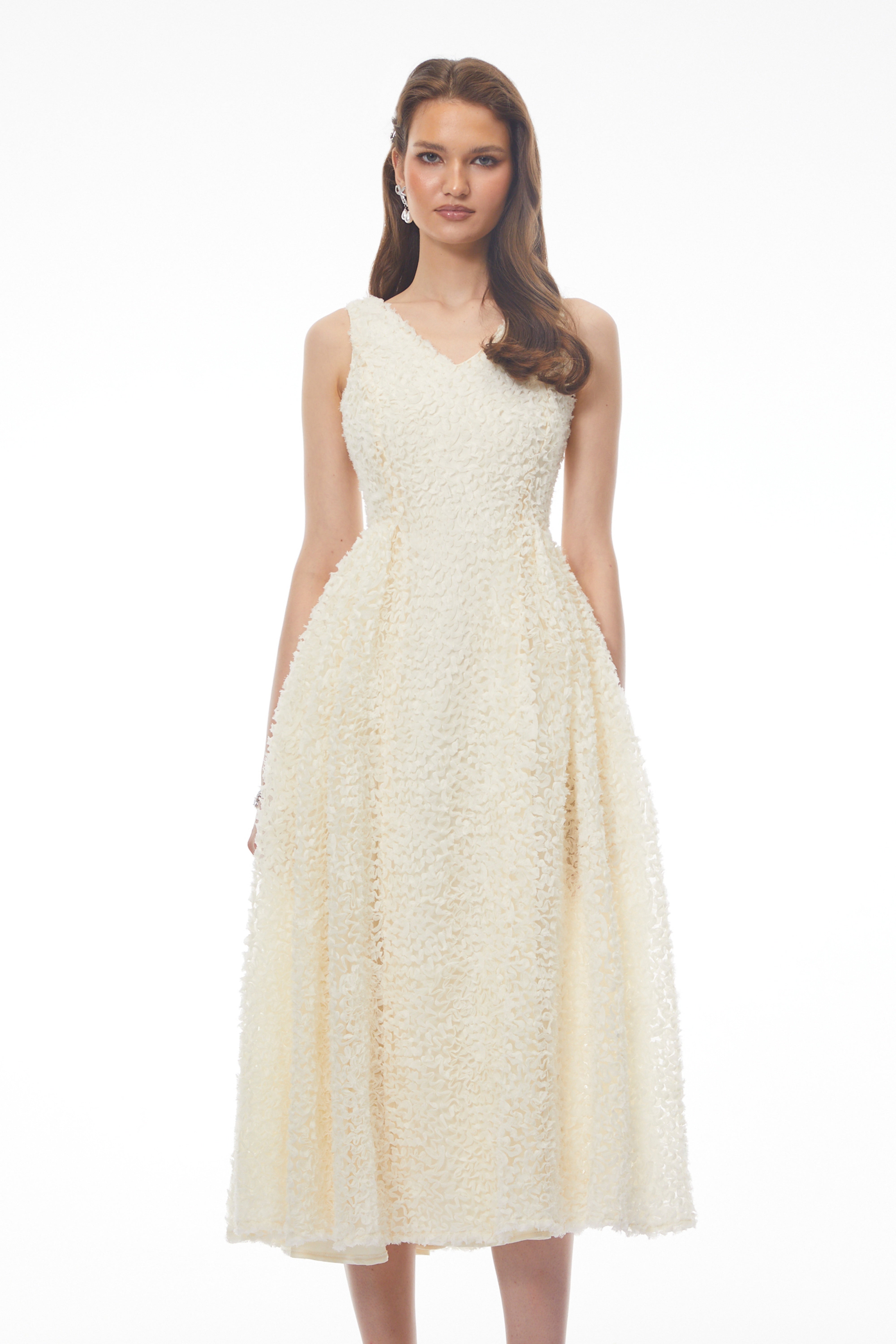 Luciana White Sleeveless Midi Dress with Fitted Bodice (Final Sale)