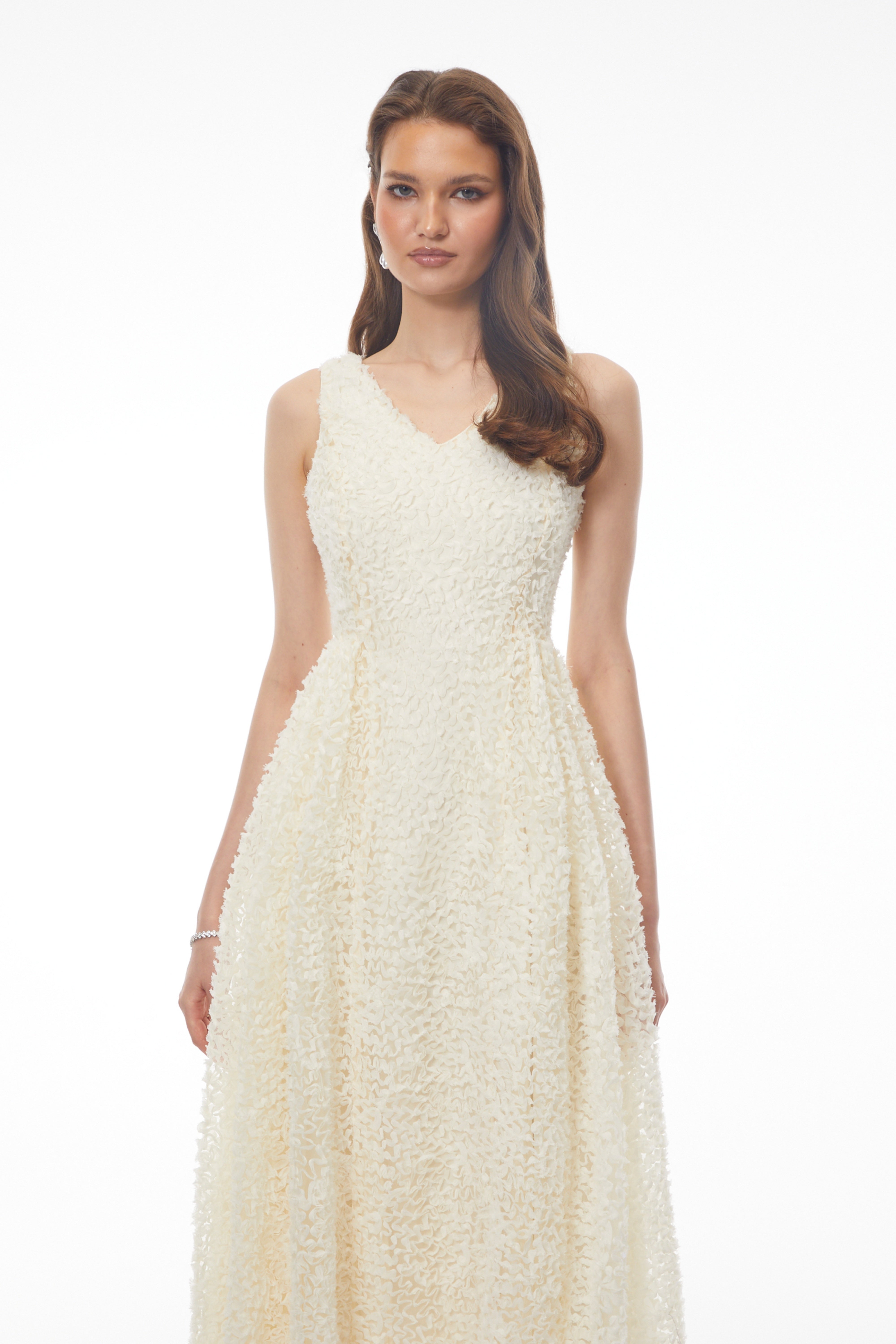 Luciana White Sleeveless Midi Dress with Fitted Bodice (Final Sale)