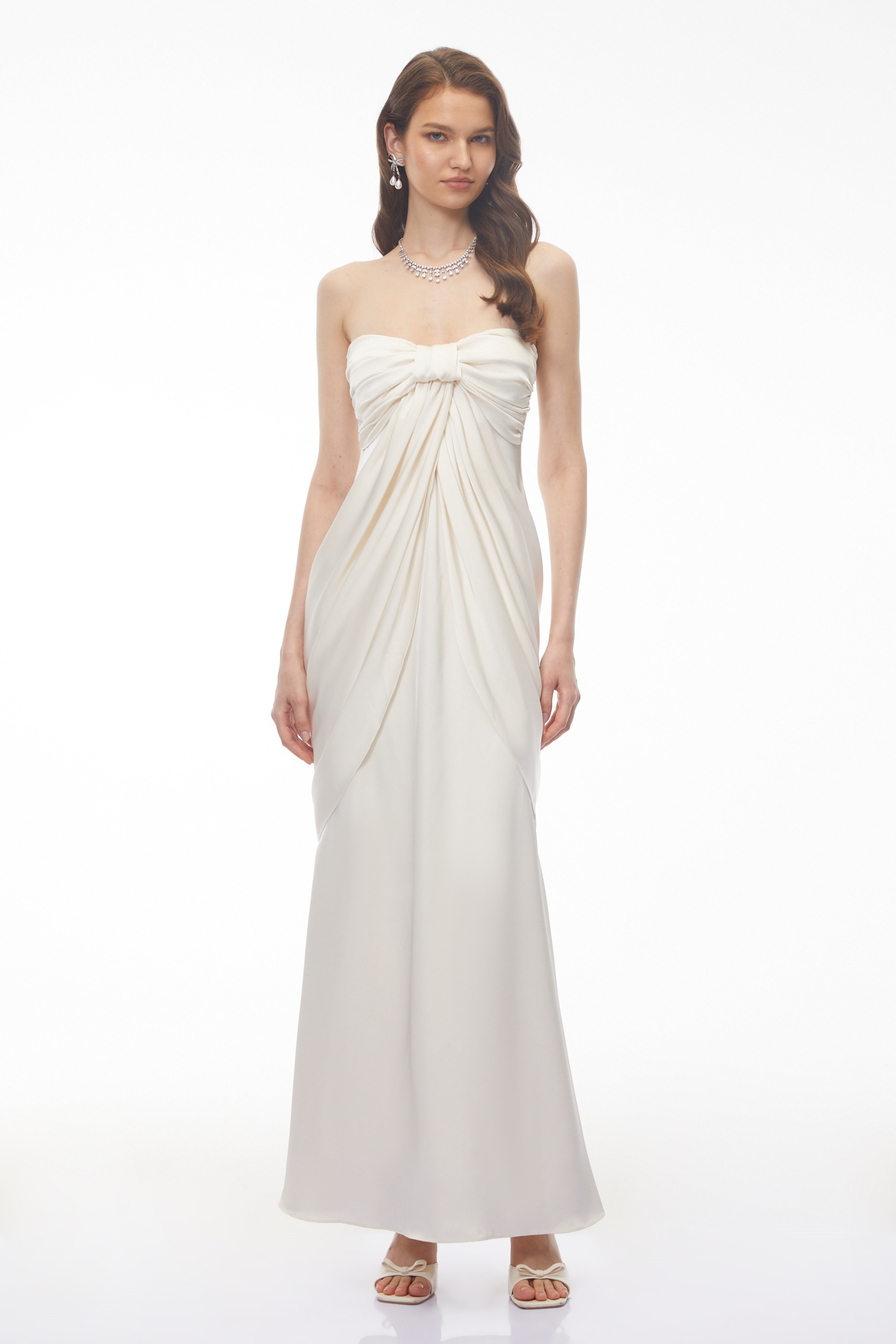 Luluwah White Ruched Maxi Dress with Bow Detail (Final Sale)