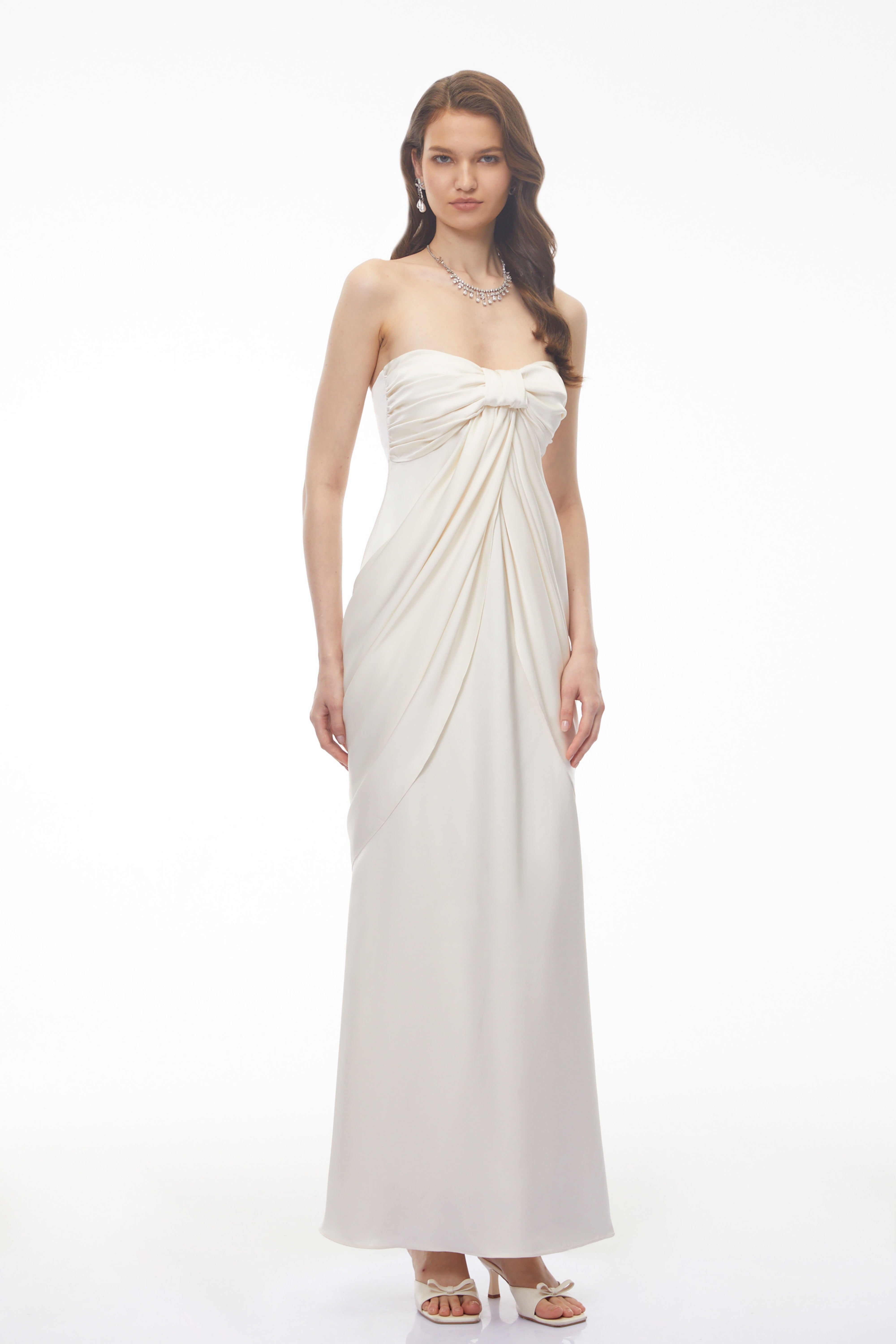 Luluwah White Ruched Maxi Dress with Bow Detail (Final Sale)