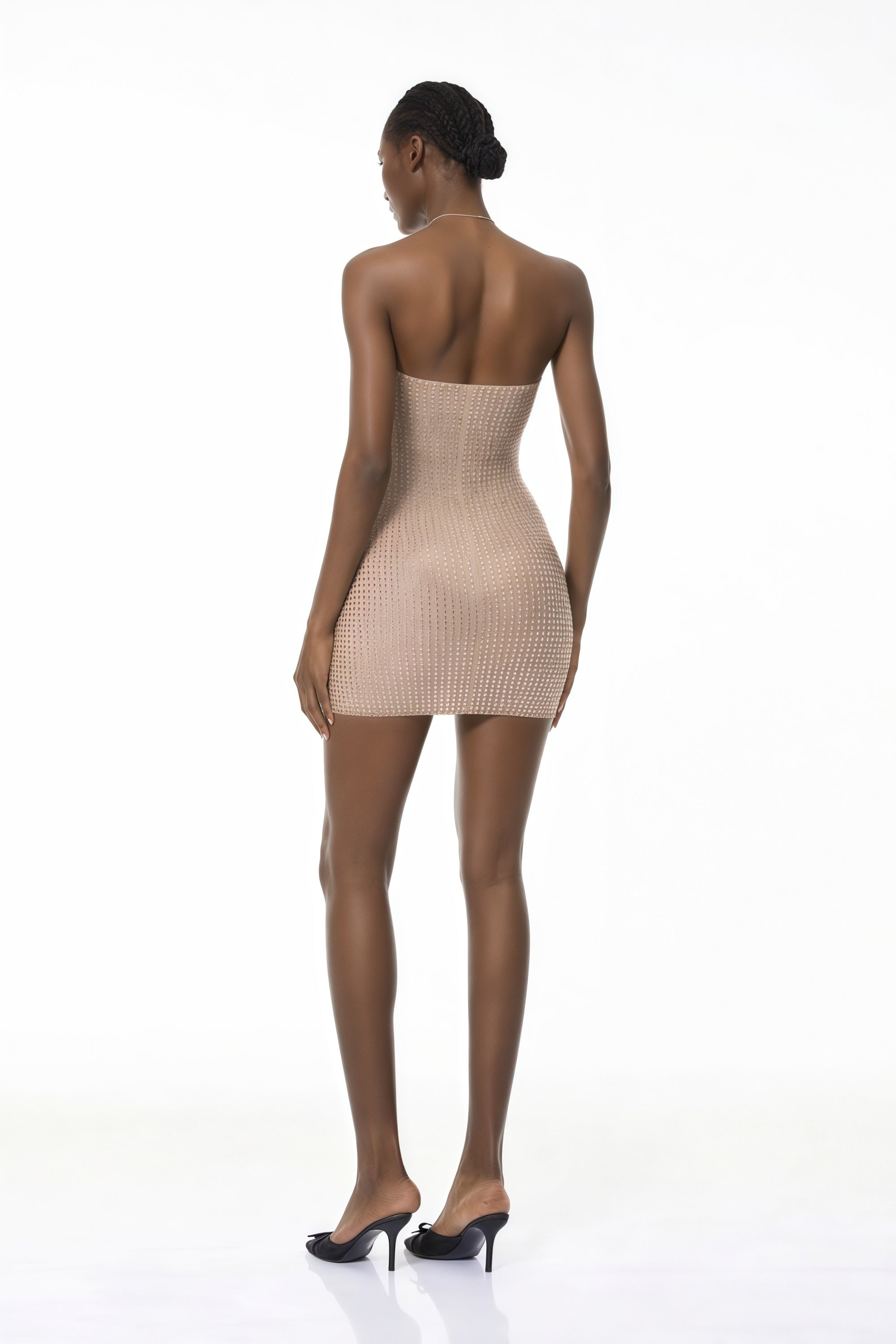Luminita Neutral Halterneck Rhinestone Mini Dress (Final Sale)
