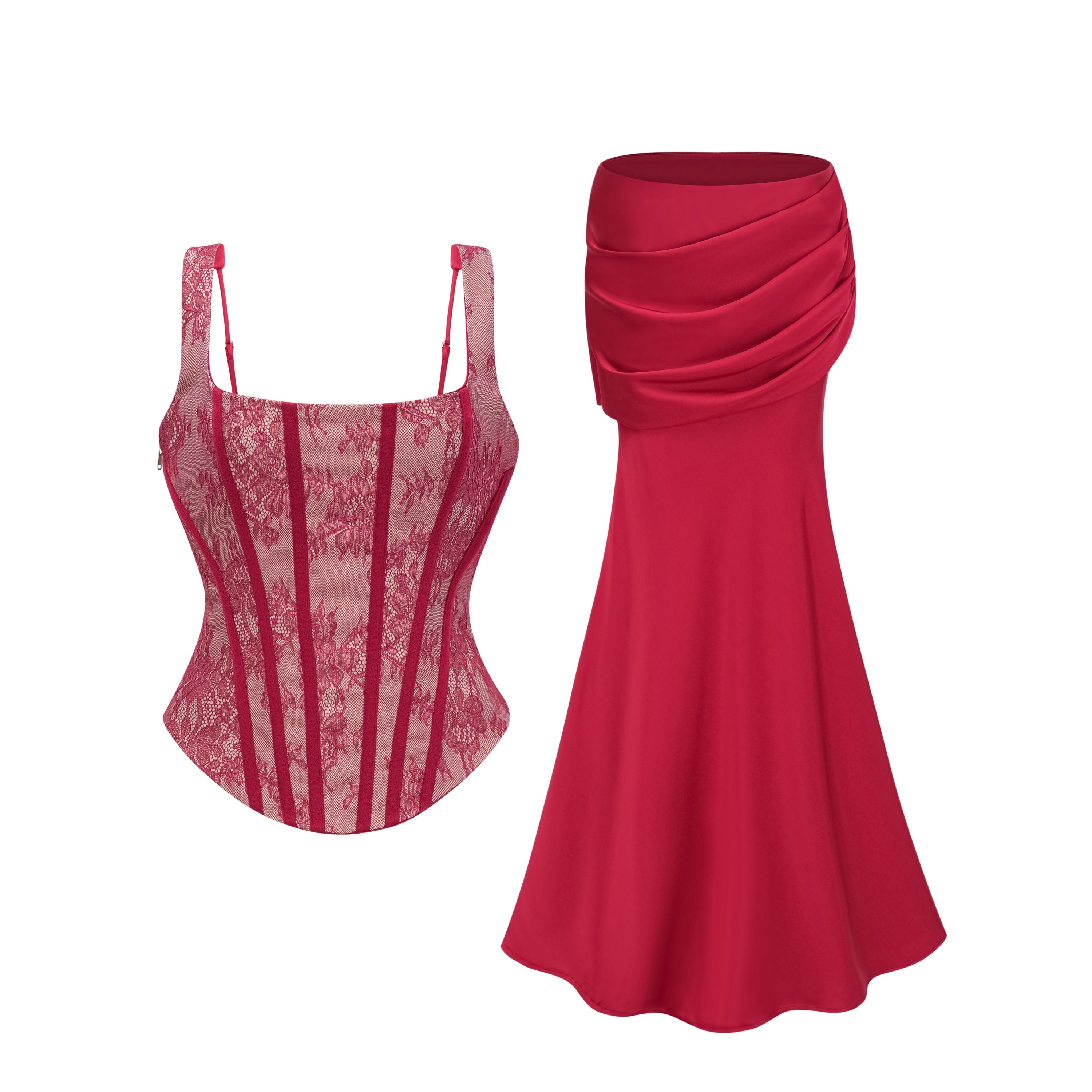 Olesya Red Lace Top & Ruched Skirt Set (Final Sale)