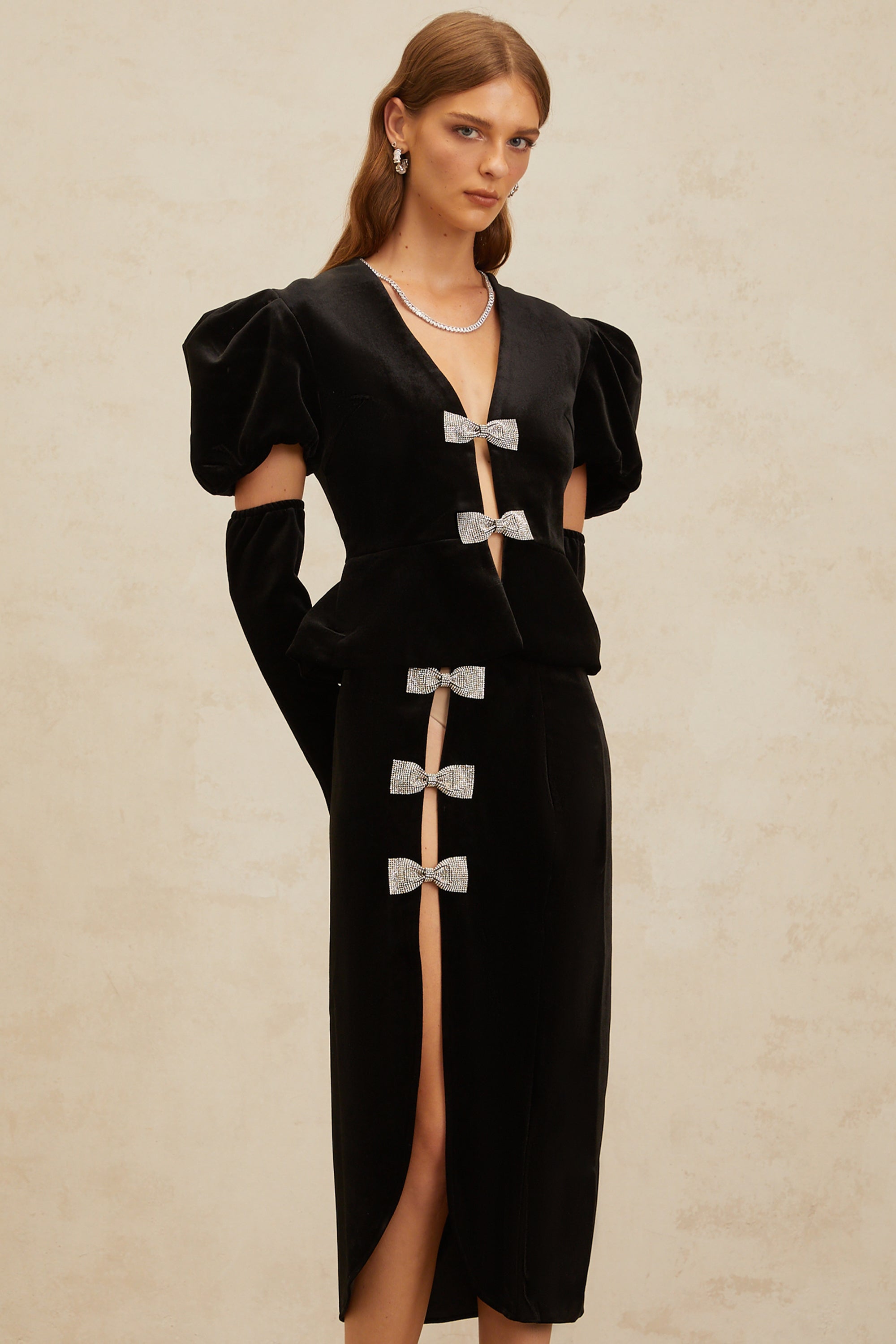 Adèle Black Bowknot Cut-Out Velvet Top & Skirt Matching Set (Final Sale-US Only)