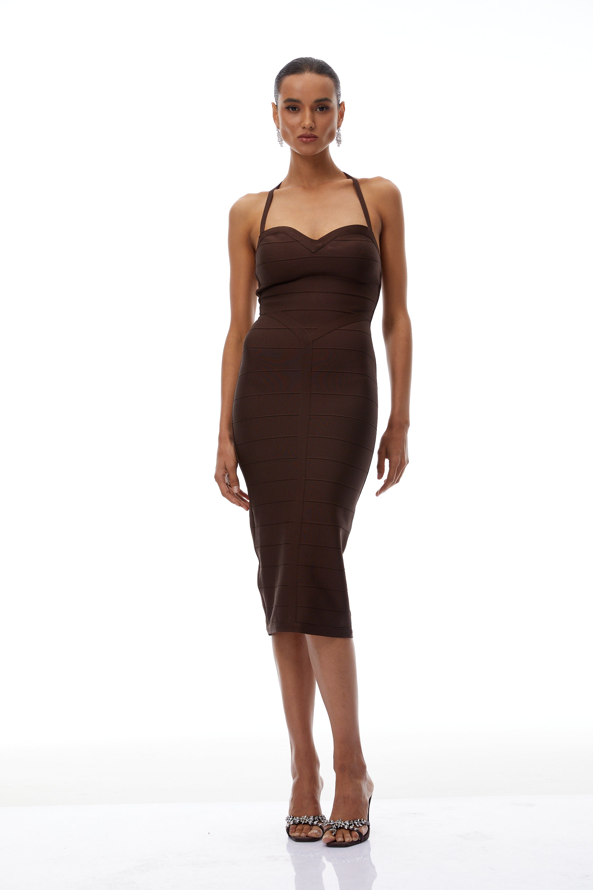 Angélique Brown Halterneck Stretch Knit Midi dress (Final Sale)