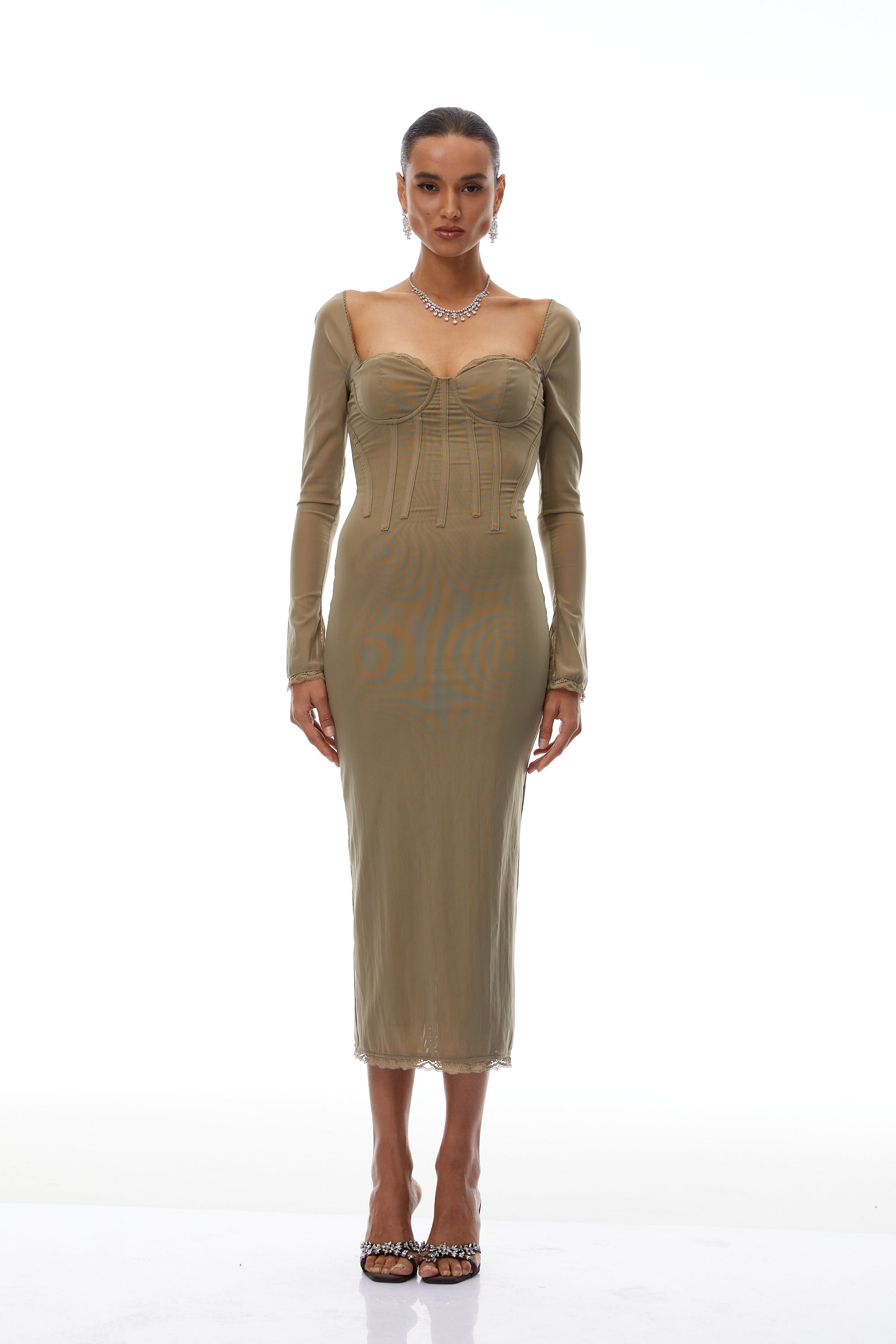 Mariann Olive Green Lace Trim Midi Dress (Final Sale)