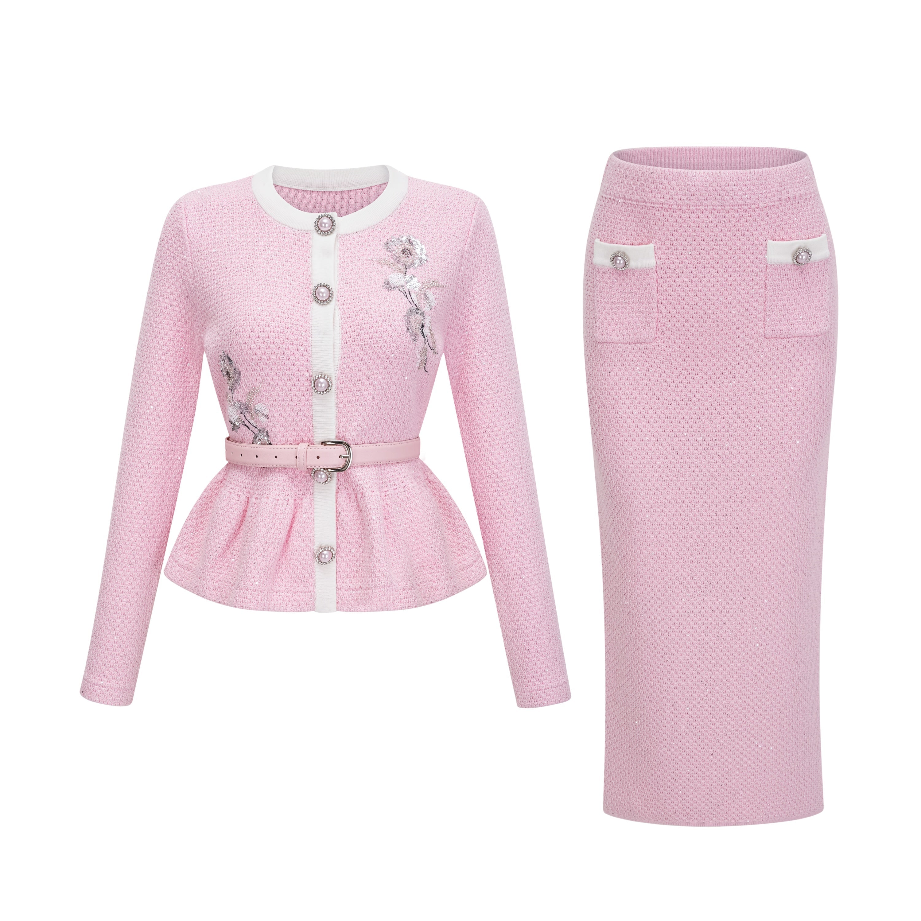 Ásdís Pink Sequined Knit Cardigan & Skirt Set (Final Sale-US Only)