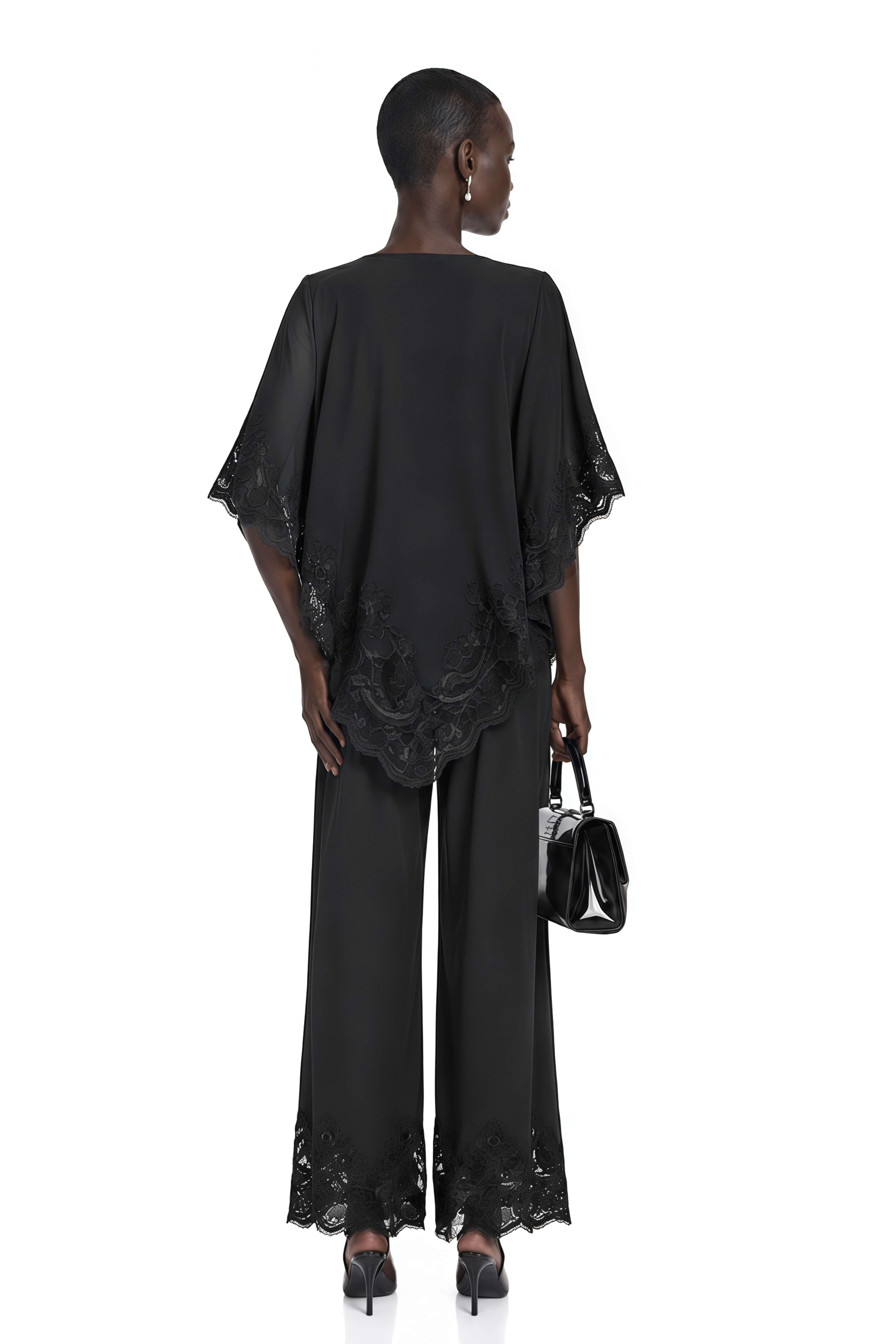 Mabel Black Cape Top & Wide Leg Trousers Set with Lace Trim