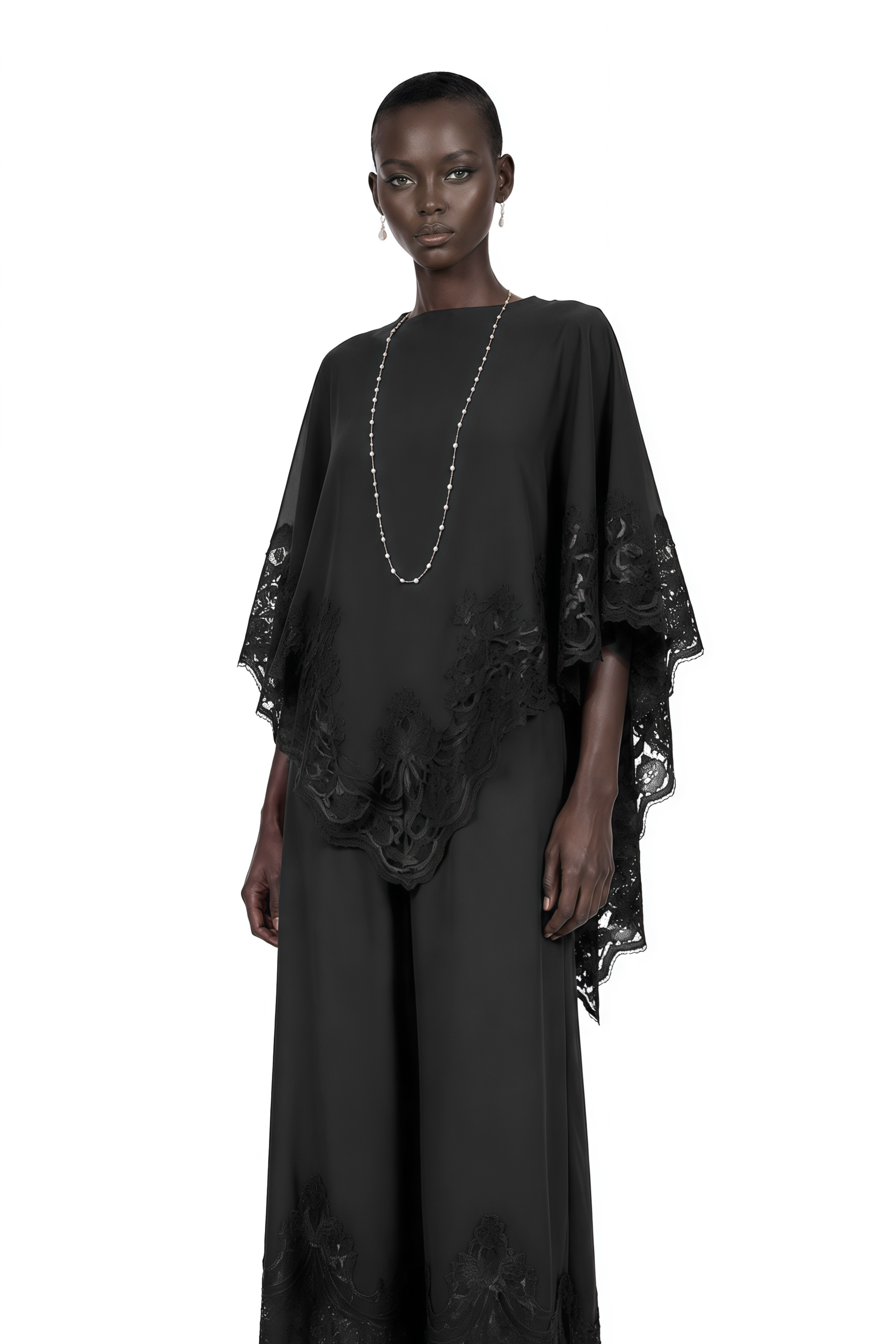 Mabel Black Cape Top & Wide Leg Trousers Set with Lace Trim