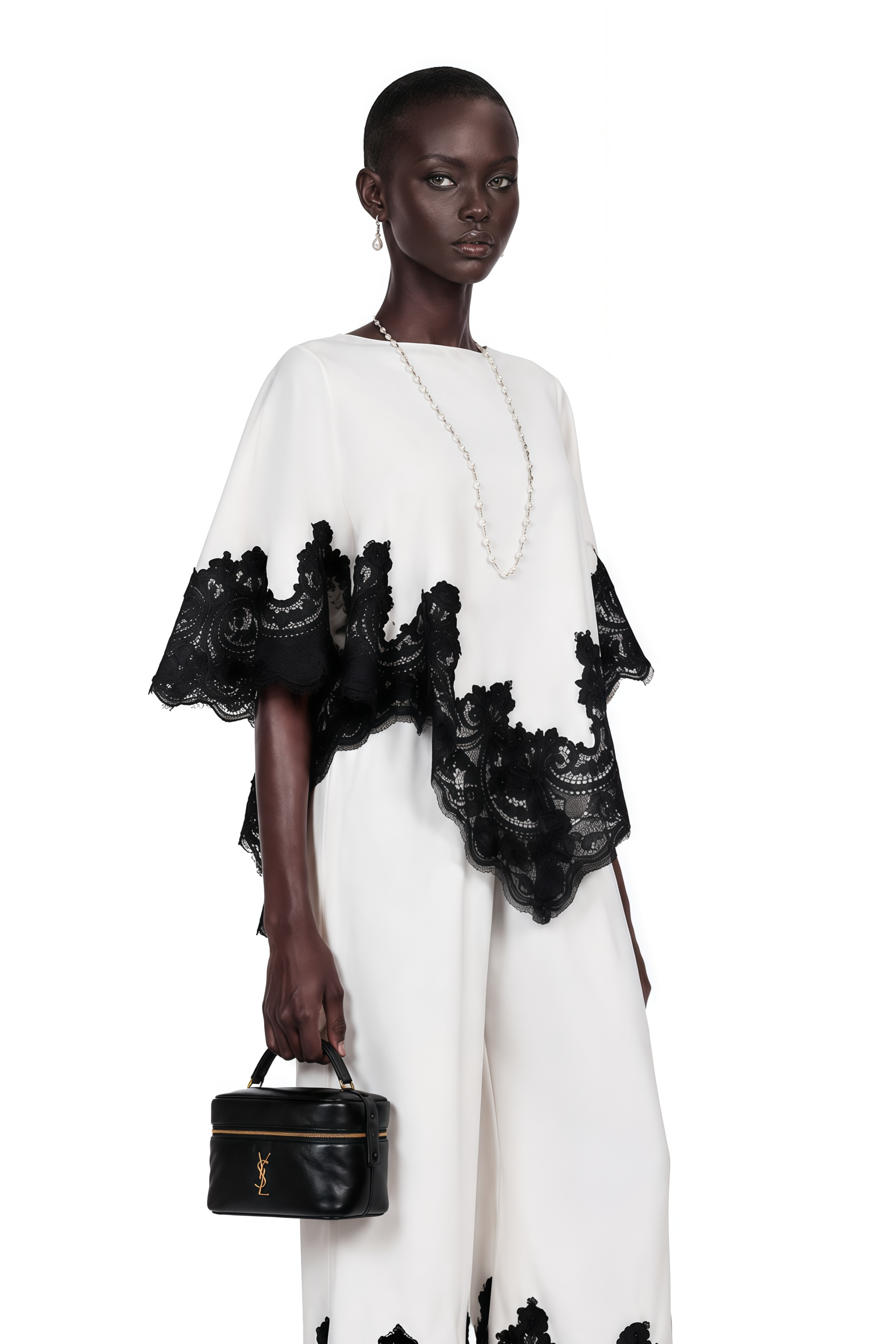 Mabel White Cape Top & Wide Leg Trousers Set with Lace Trim