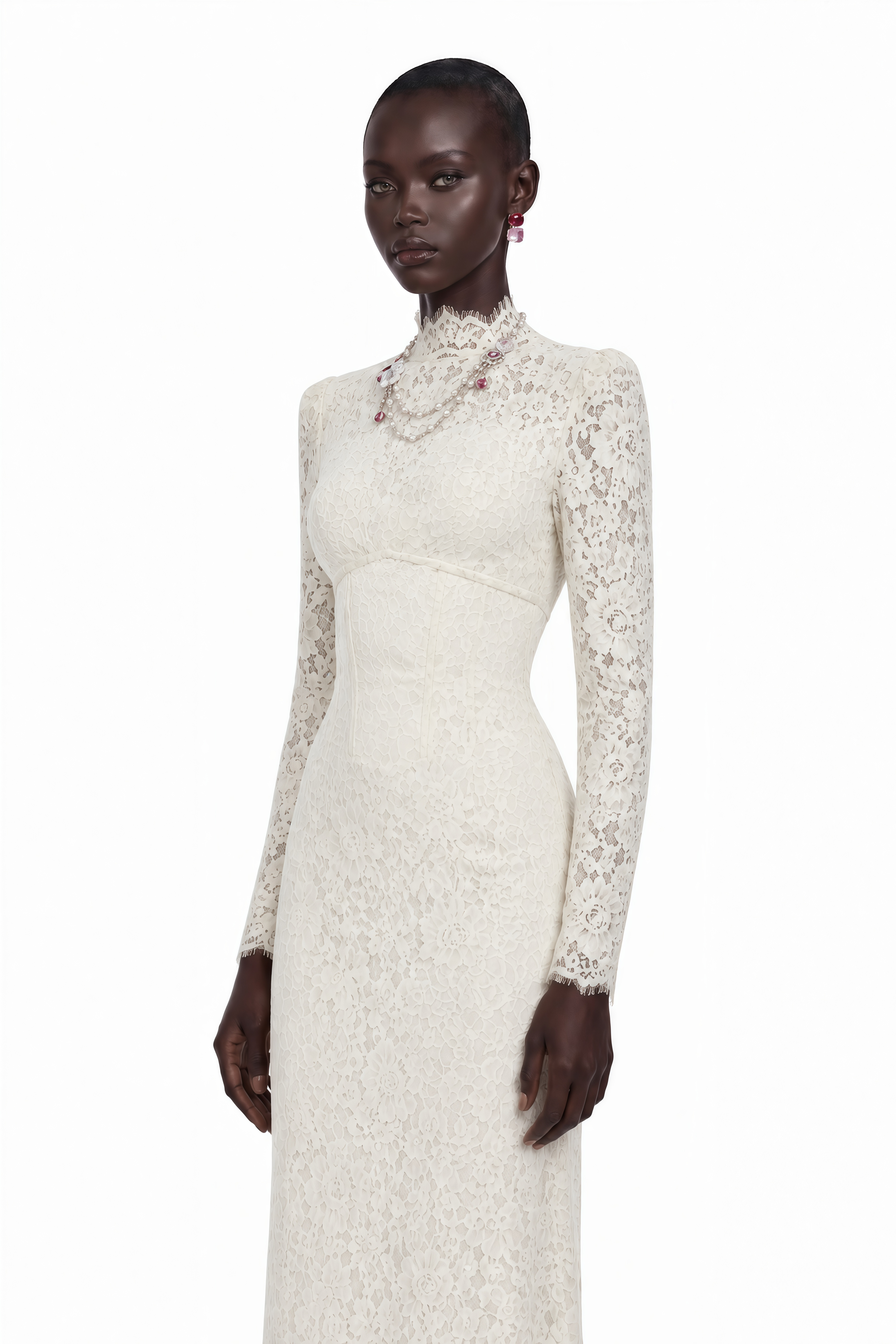 Cream long-sleeve lace gown with a high neck and structured bodice